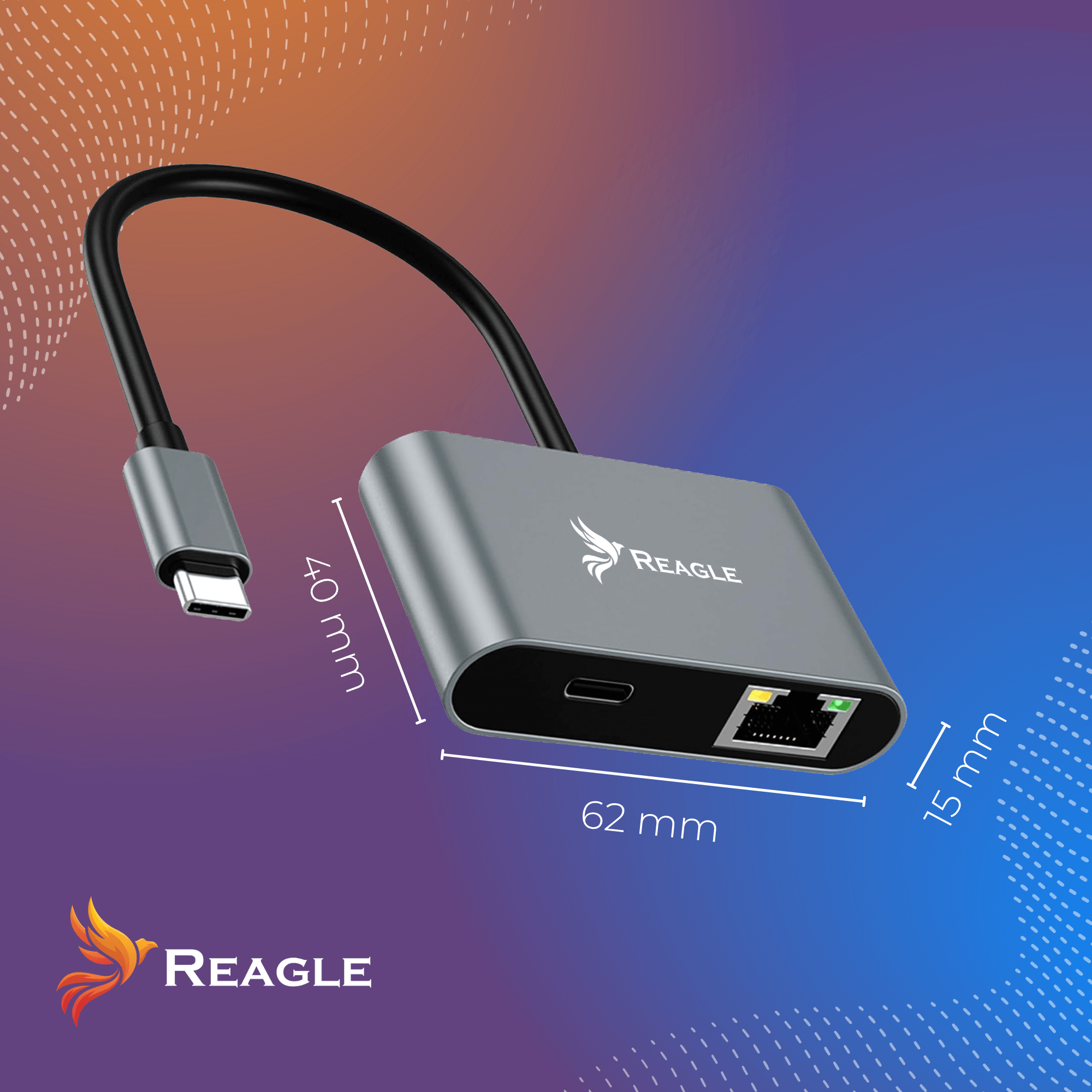 Un hub USB-C grigio Reagle con cavo nero. Vengono mostrate le misure. Lo sfondo è sfumato dall'arancione al blu.