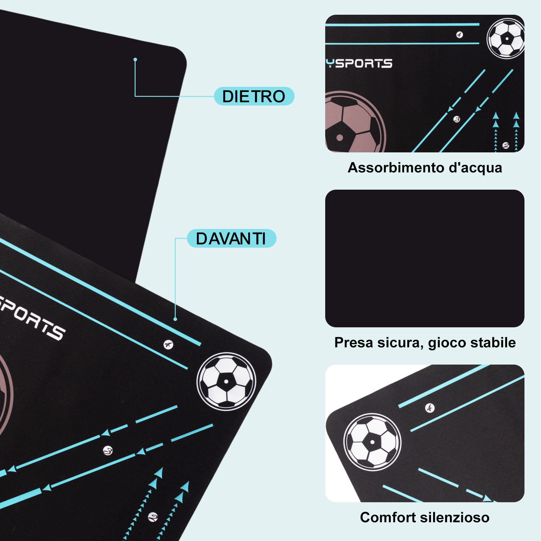 Tappetino nero con grafica di calcio. Include testo in italiano, e caratteristiche come assorbimento d'acqua e comfort silenzioso.