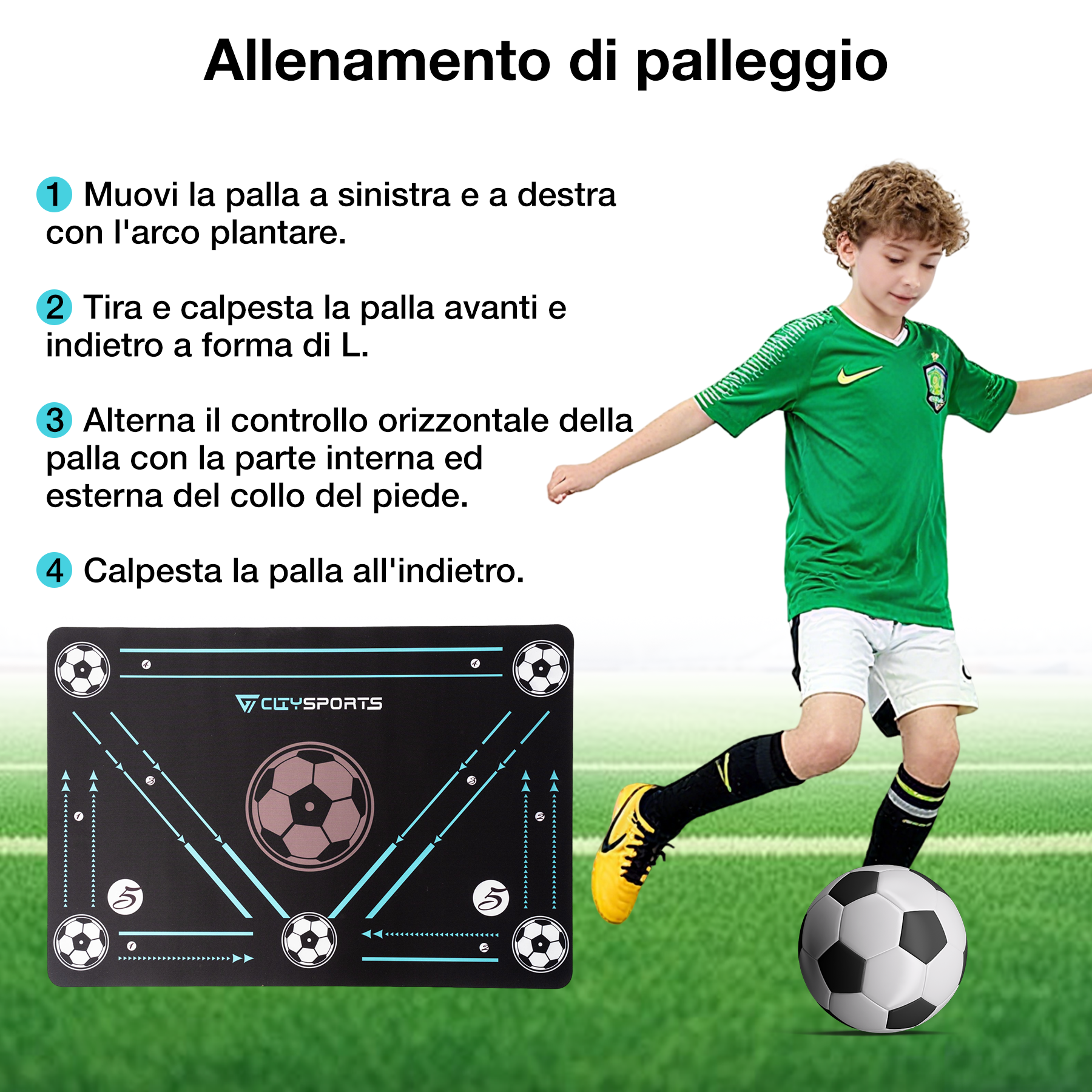 Un ragazzo in maglia verde calcia un pallone su un campo verde, vicino a un tappetino da allenamento nero con illustrazioni di palloni.