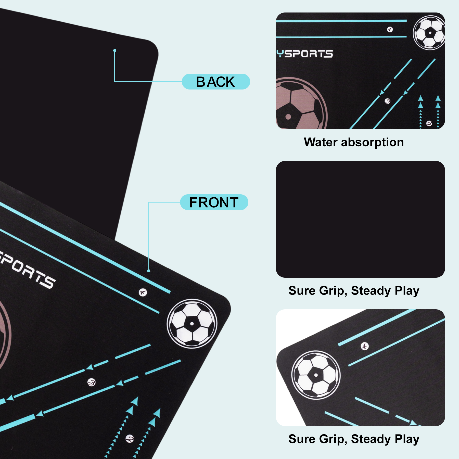 Tapis noir avec graphiques de ballon de football et texte, étiqueté devant et derrière. Il est écrit 'Absorption d'eau' et 'Prise ferme, jeu stable'.