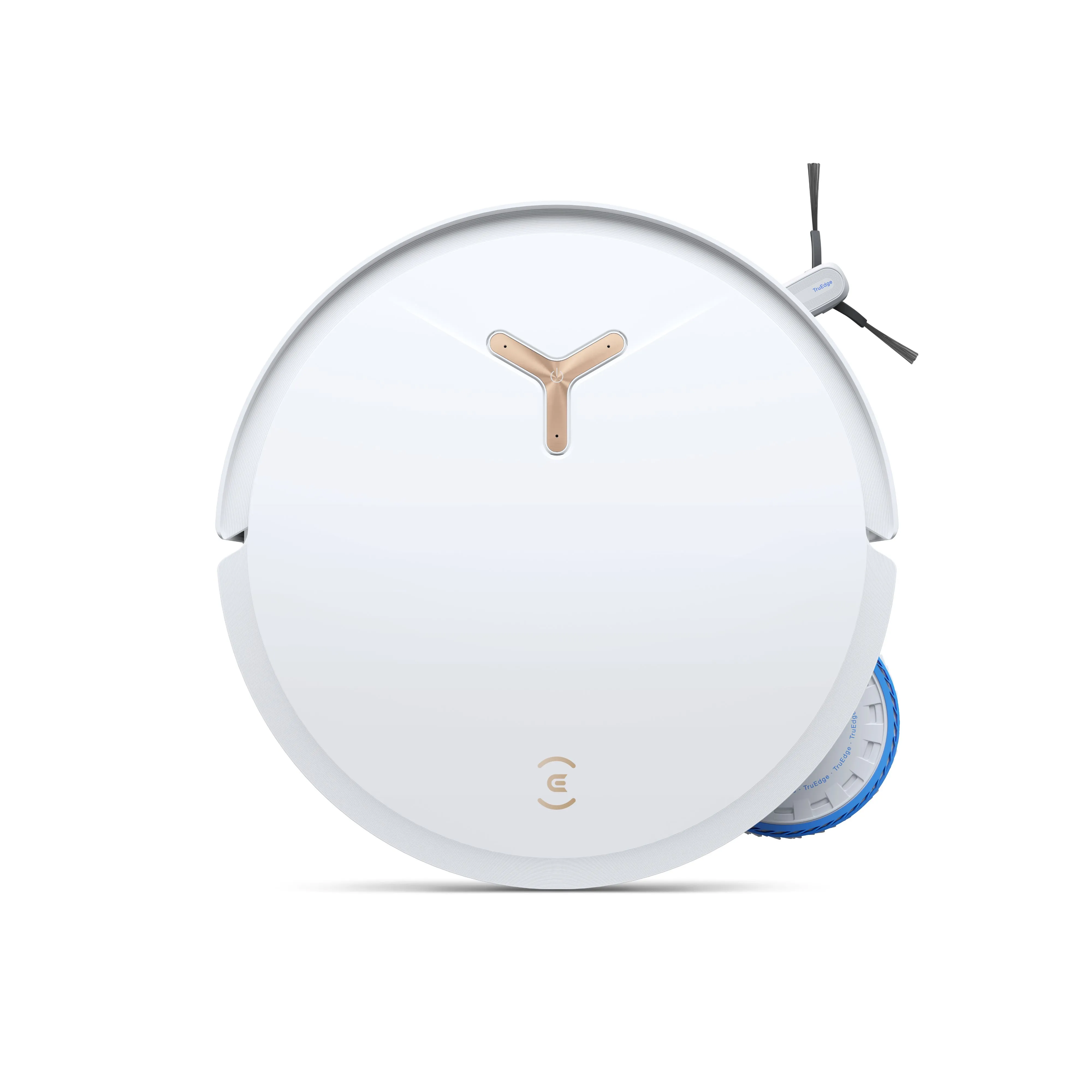 A white robotic vacuum cleaner. It has a gold-colored central design and a blue brush and wheel.