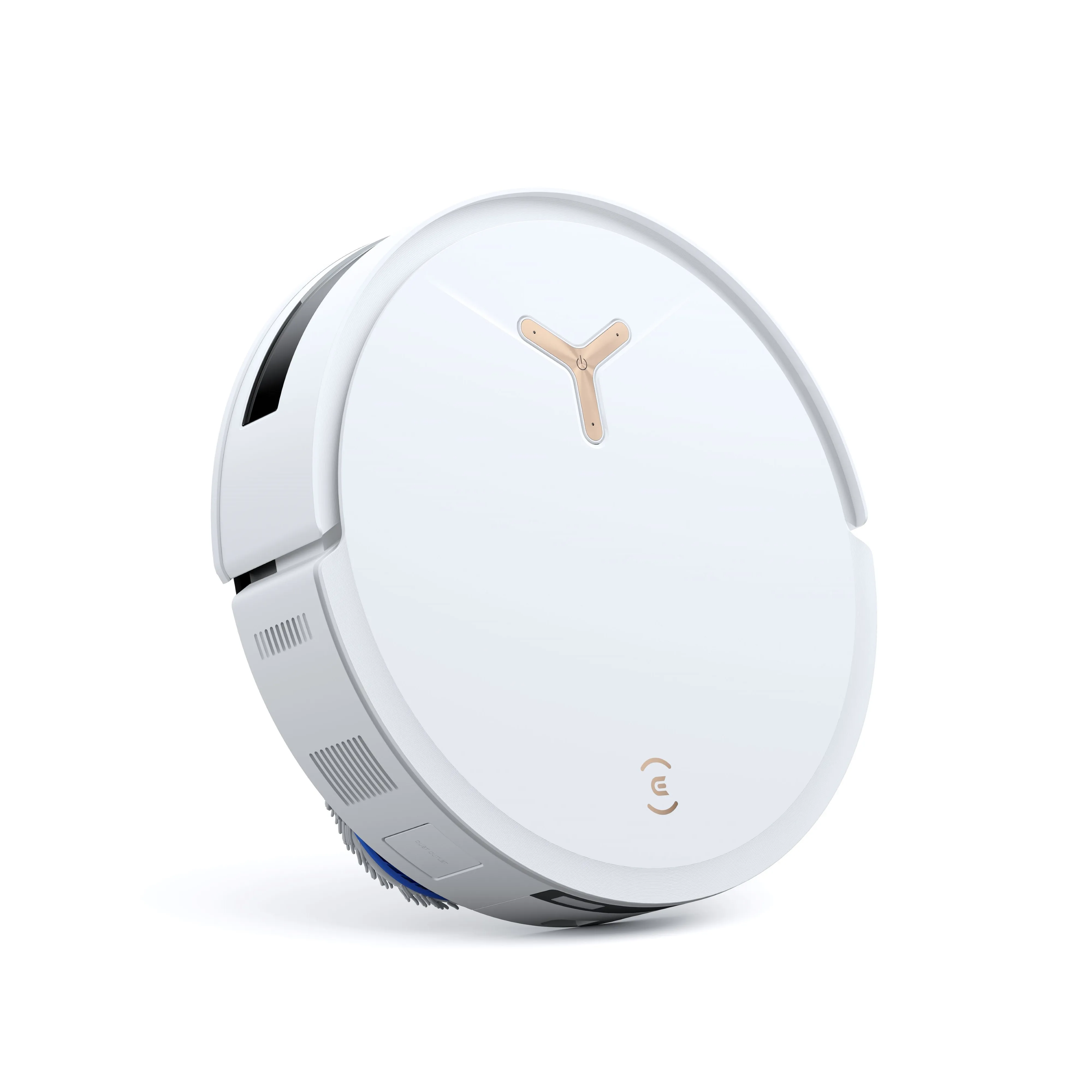 A white robotic vacuum cleaner on a white background. It has a gold power button and a blue brush.