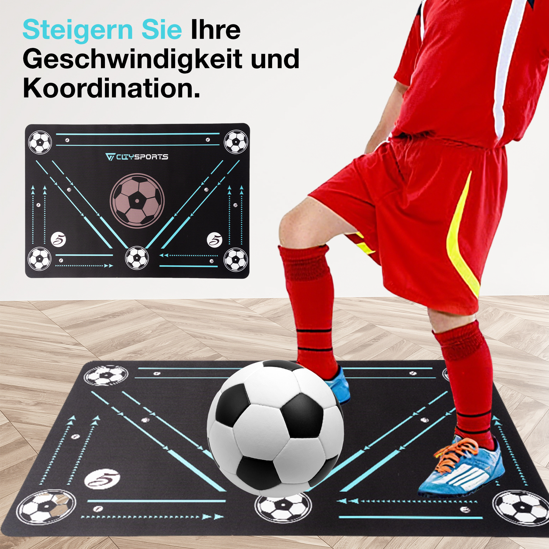 Ein Fußballspieler in Rot tritt einen Ball auf einer Trainingsmatte. Eine zweite Matte ist sichtbar. Der Text lautet: 'Verbessern Sie Ihre Geschwindigkeit und Koordination'.