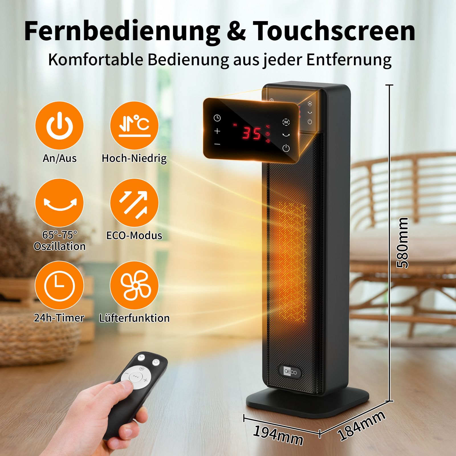 Ein schwarzes Heizgerät mit Fernbedienung. Es hat eine digitale Anzeige und Steuerungssymbole. Eine Hand hält die Fernbedienung.