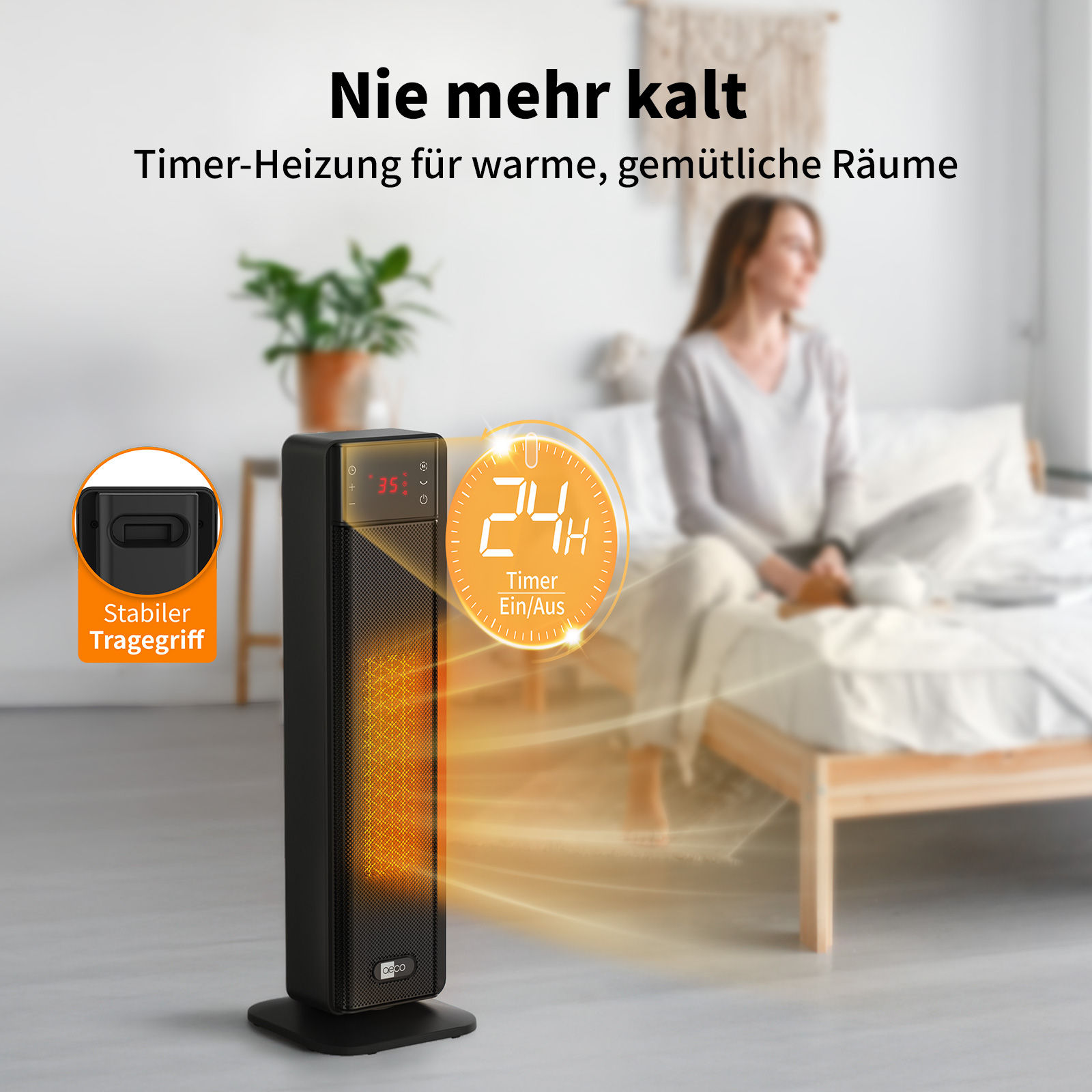 Schwarzer Heizlüfter mit orangefarbenem Scheinwerfer, Timer. Frau sitzt auf dem Bett. Text: Nie mehr kalt. Timer-Heizung.