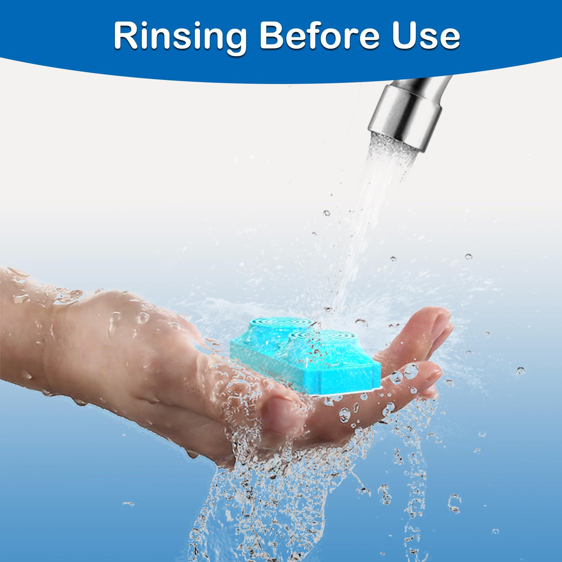 Eine Hand hält einen blauen Gegenstand unter fließendem Wasser aus einem Wasserhahn. Das Bild trägt den Text 'Vor Gebrauch spülen'.