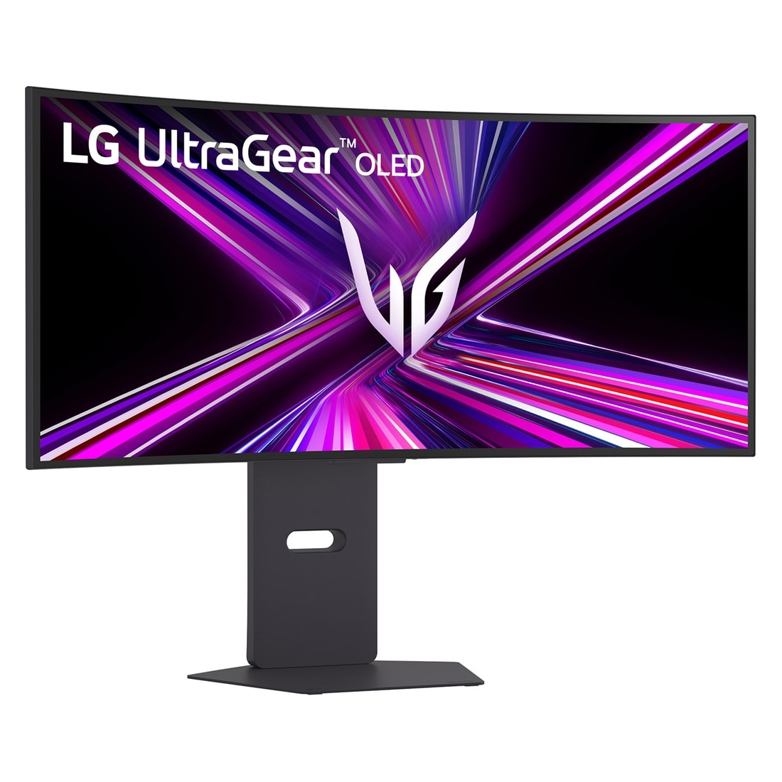 Monitor LG UltraGear OLED. Czarna ramka, zakrzywiony ekran. Fioletowy, biały i czarny abstrakcyjny wyświetlacz. Ciemnoszara podstawa na białym tle.