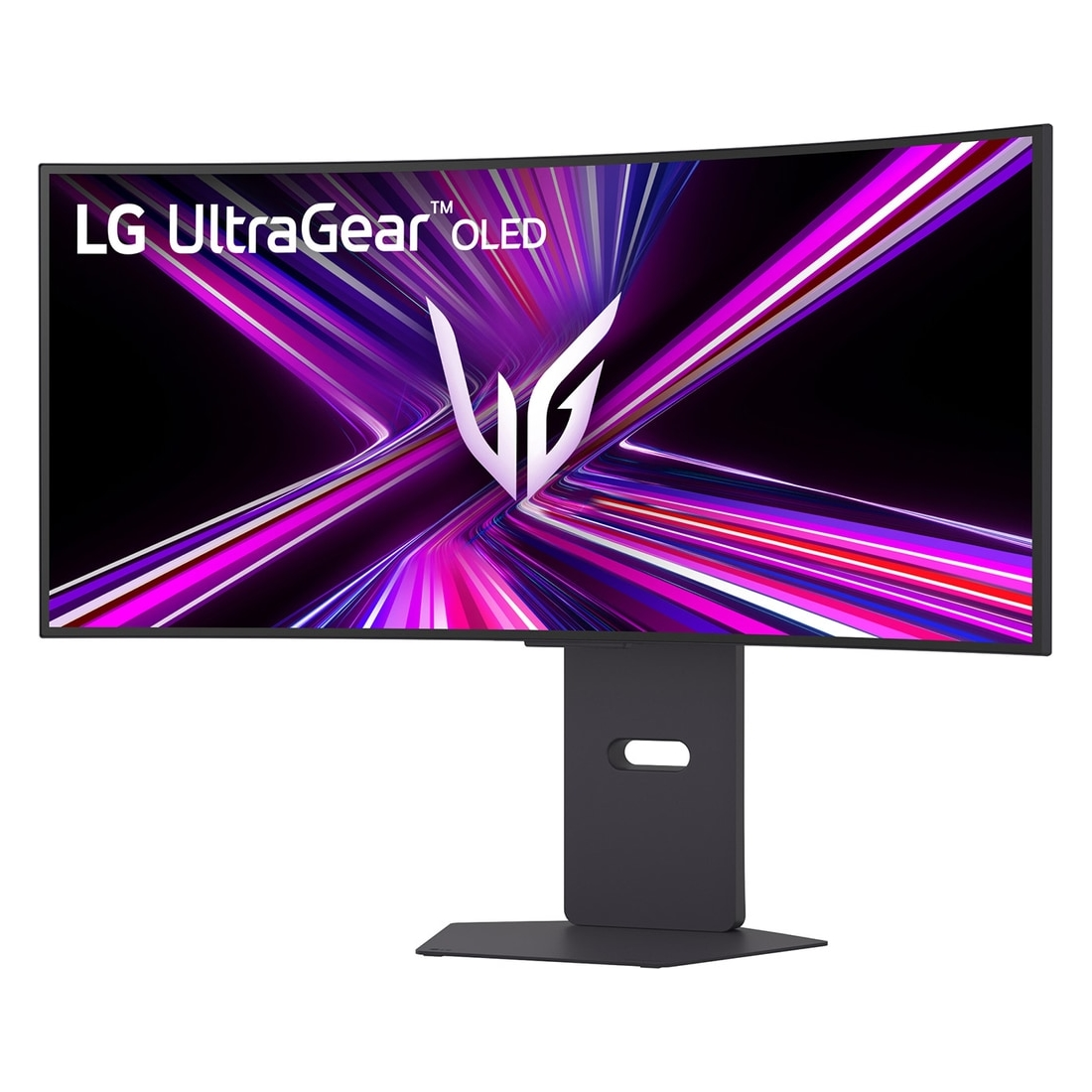 Monitor LG UltraGear OLED. Zakrzywiony ekran z fioletowo-białym abstrakcyjnym wzorem. Czarny stojak z prostokątną podstawą.