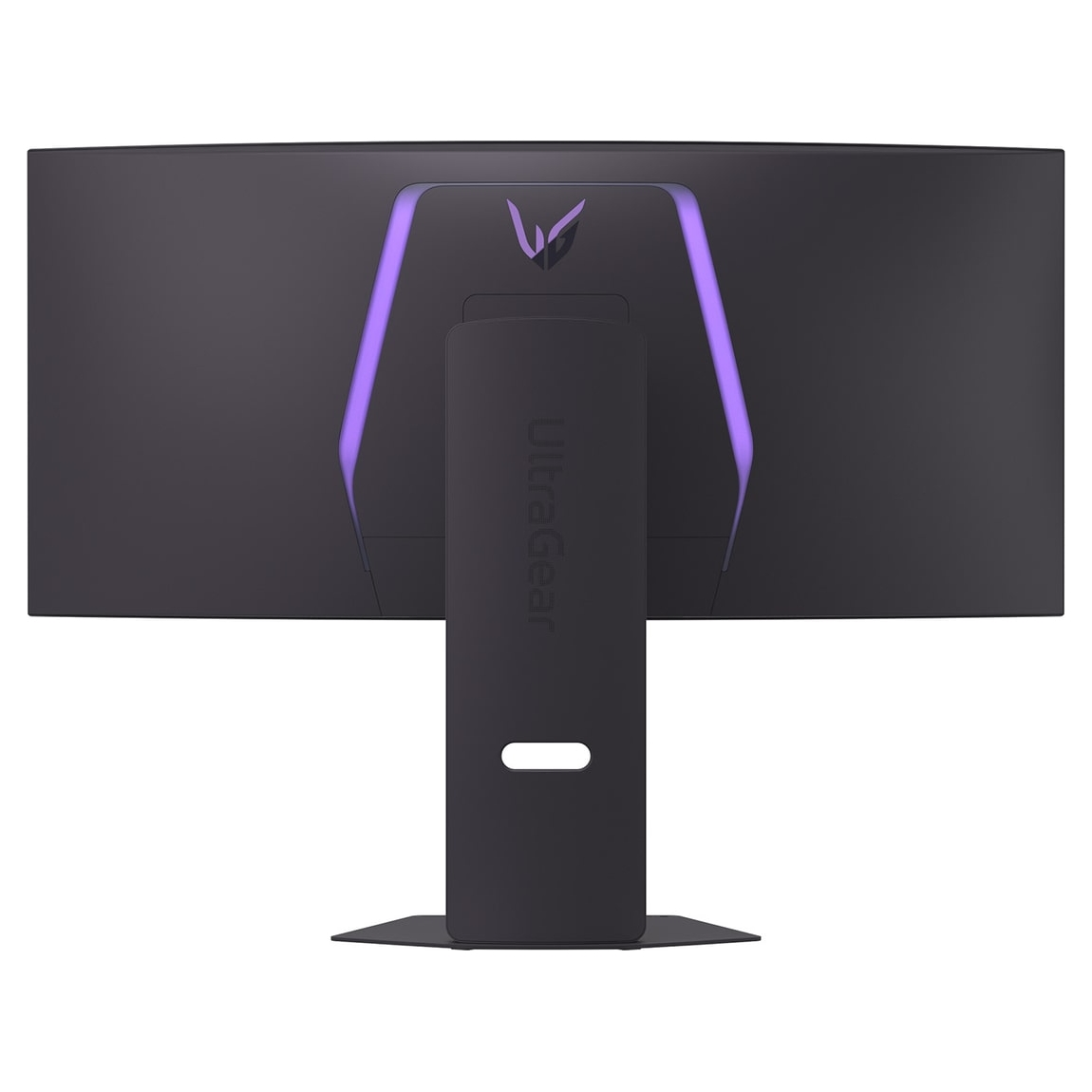 Schwarzer, gebogener Computermonitor, lilafarbene Lichtakzente, "Ultragear"-Logo und Markenname vorhanden. Der Ständer ist schwarz.