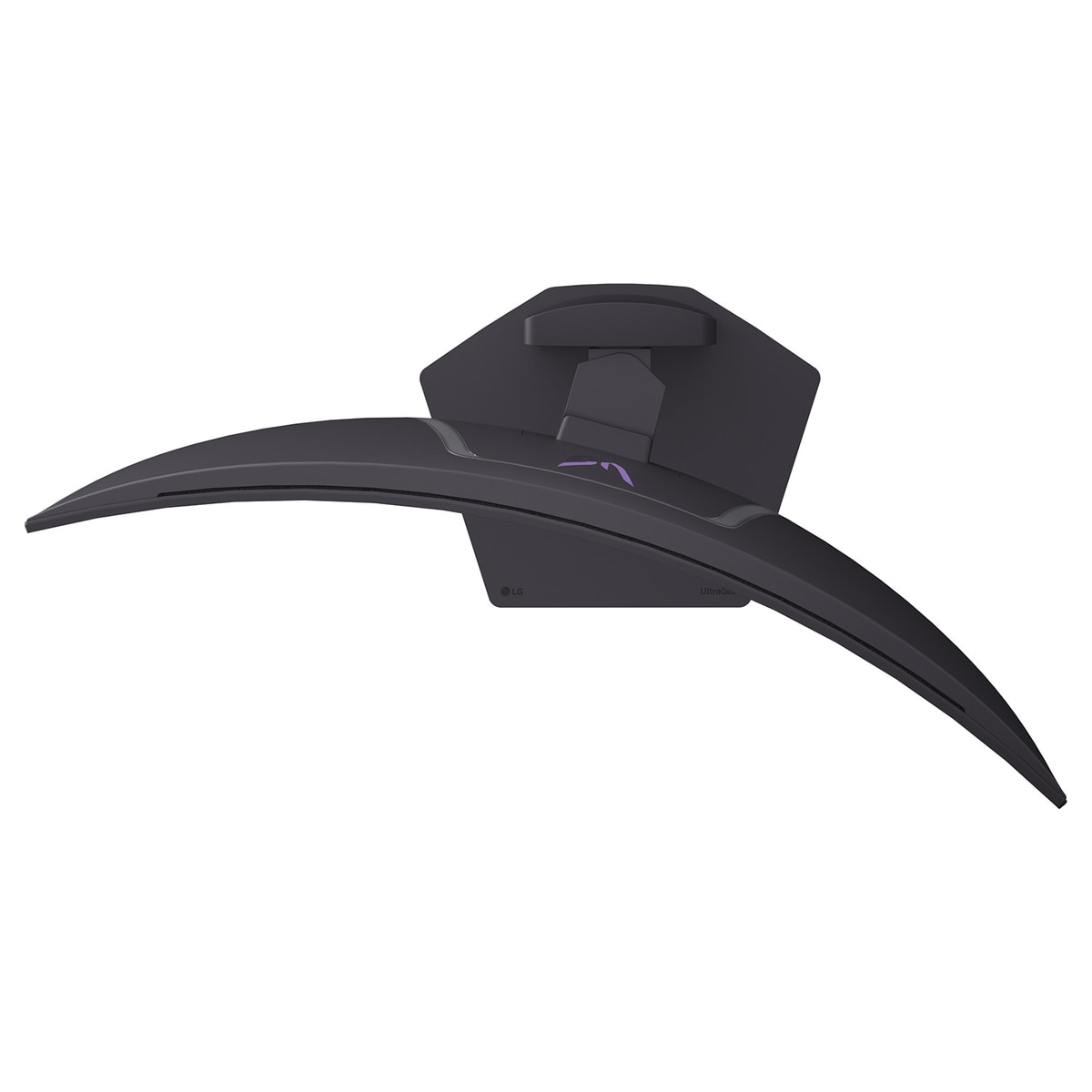 Zakrzywiony czarny monitor komputerowy, widok z góry. Podstawa jest ciemnoszara z logo LG. Białe tło.