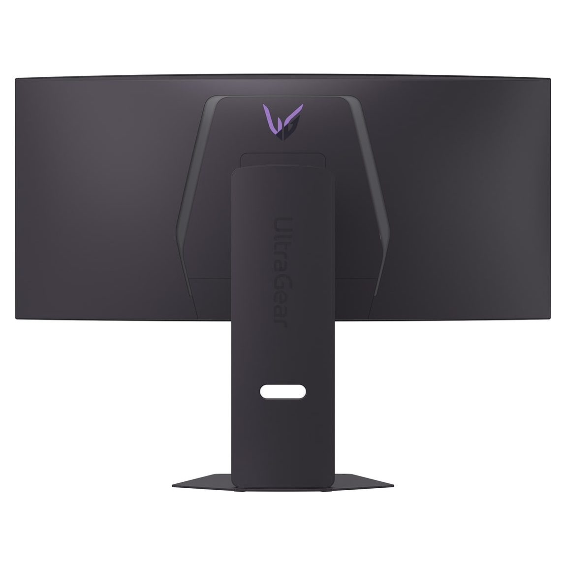 Widok z tyłu monitora LG UltraGear. Jest ciemnoszary z fioletowym logo. Podstawa jest czarna z logo UltraGear.
