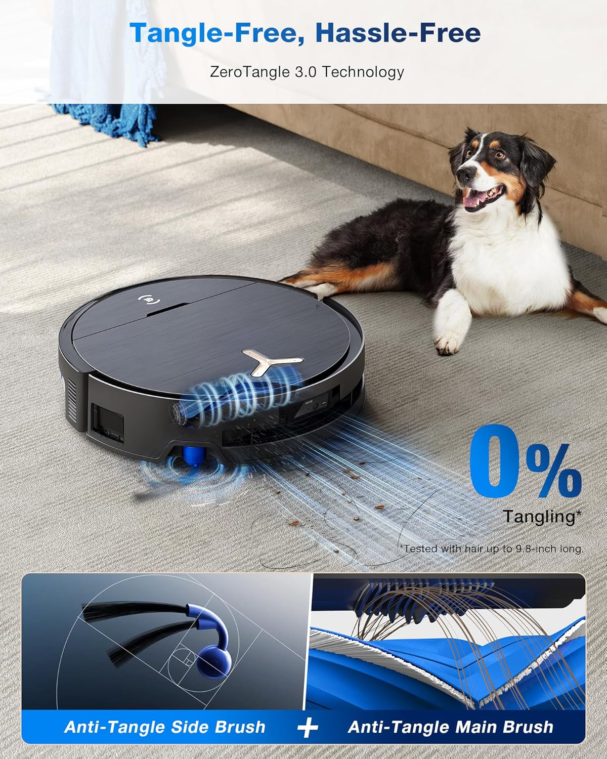 Ein Roboter-Staubsauger auf Teppich mit einem Hund. Der Text hebt die entwirrungsfreie Technologie hervor. Details der Anti-Tangle-Bürsten werden angezeigt.
