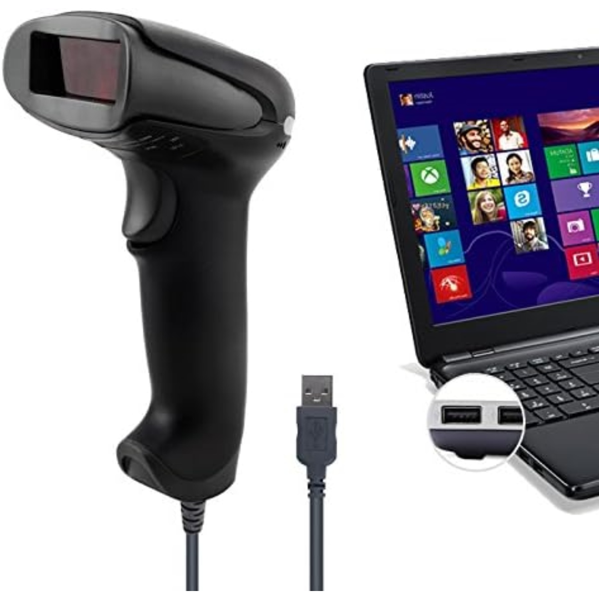 Ein schwarzer Barcode-Scanner ist über ein USB-Kabel mit einem Laptop verbunden. Der Laptop-Bildschirm zeigt eine bunte Windows-Oberfläche.