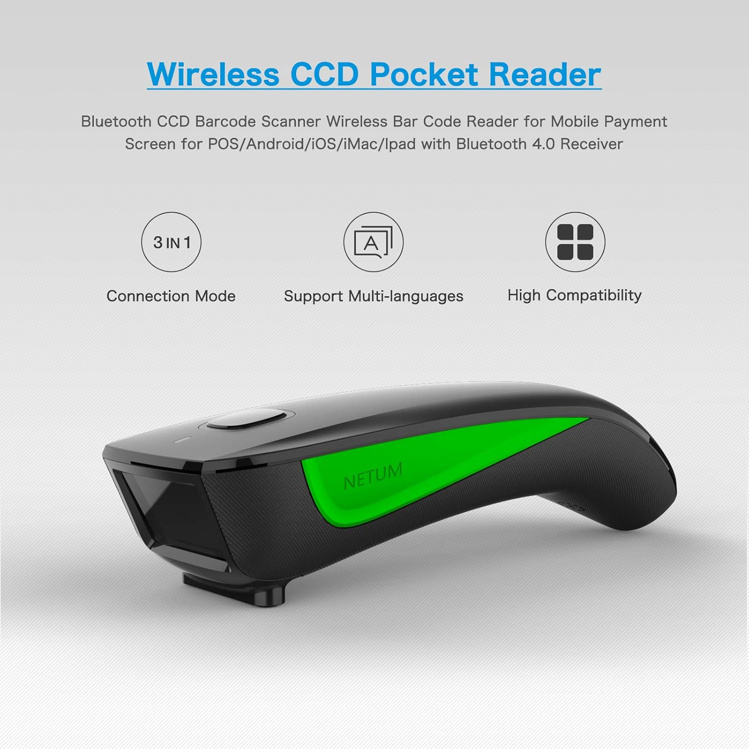 Ein schwarz-grüner drahtloser Barcodescanner. Text: Wireless CCD Pocket Reader, 3 in 1, Unterstützung mehrerer Sprachen, Hohe Kompatibilität.
