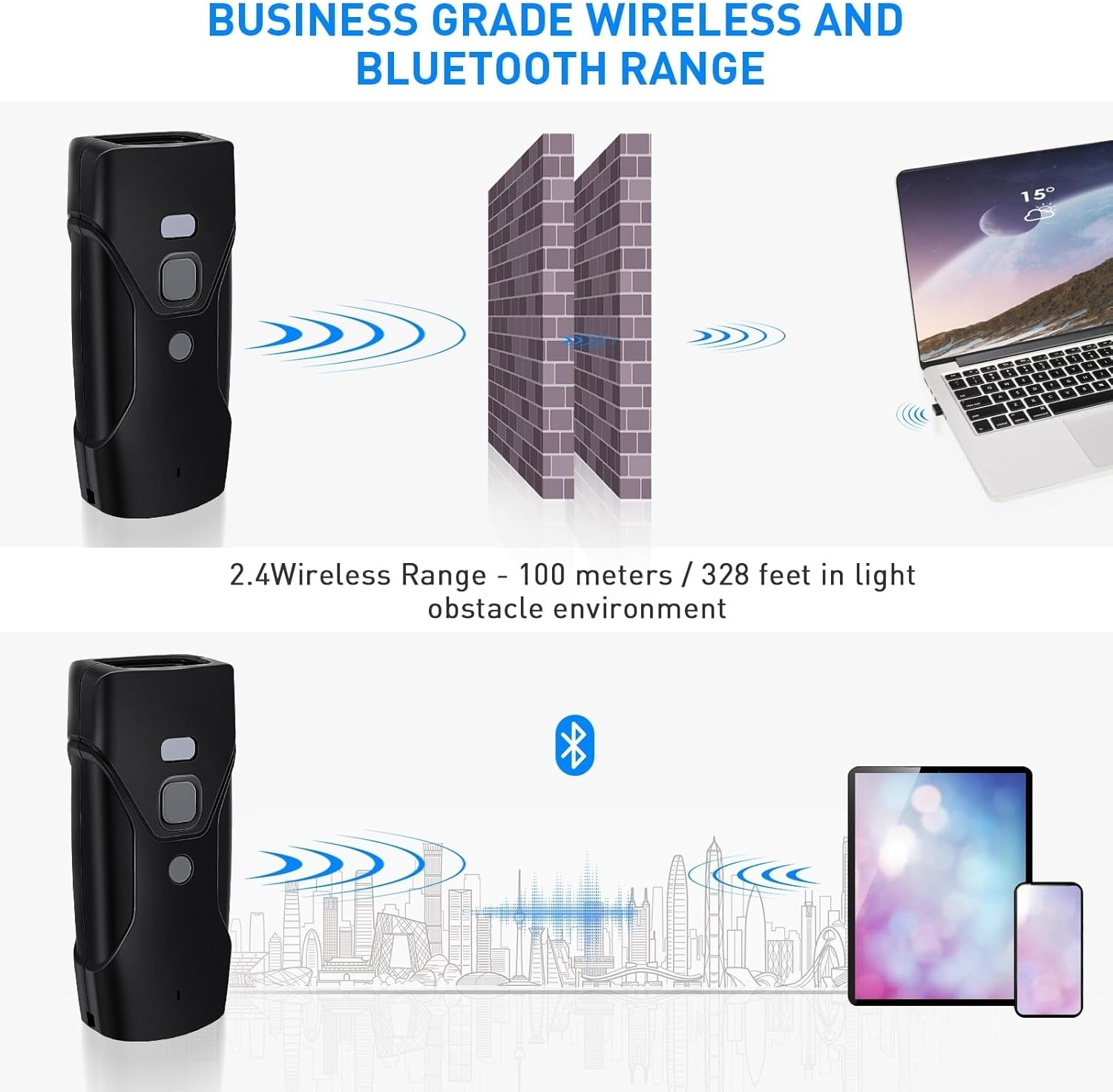 Das Bild zeigt ein Konzept der drahtlosen Reichweite. Zu den Geräten gehören ein schwarzes Gerät, ein Laptop, ein Tablet und ein Smartphone. Eine Ziegelmauer und eine Skyline sind ebenfalls dargestellt.