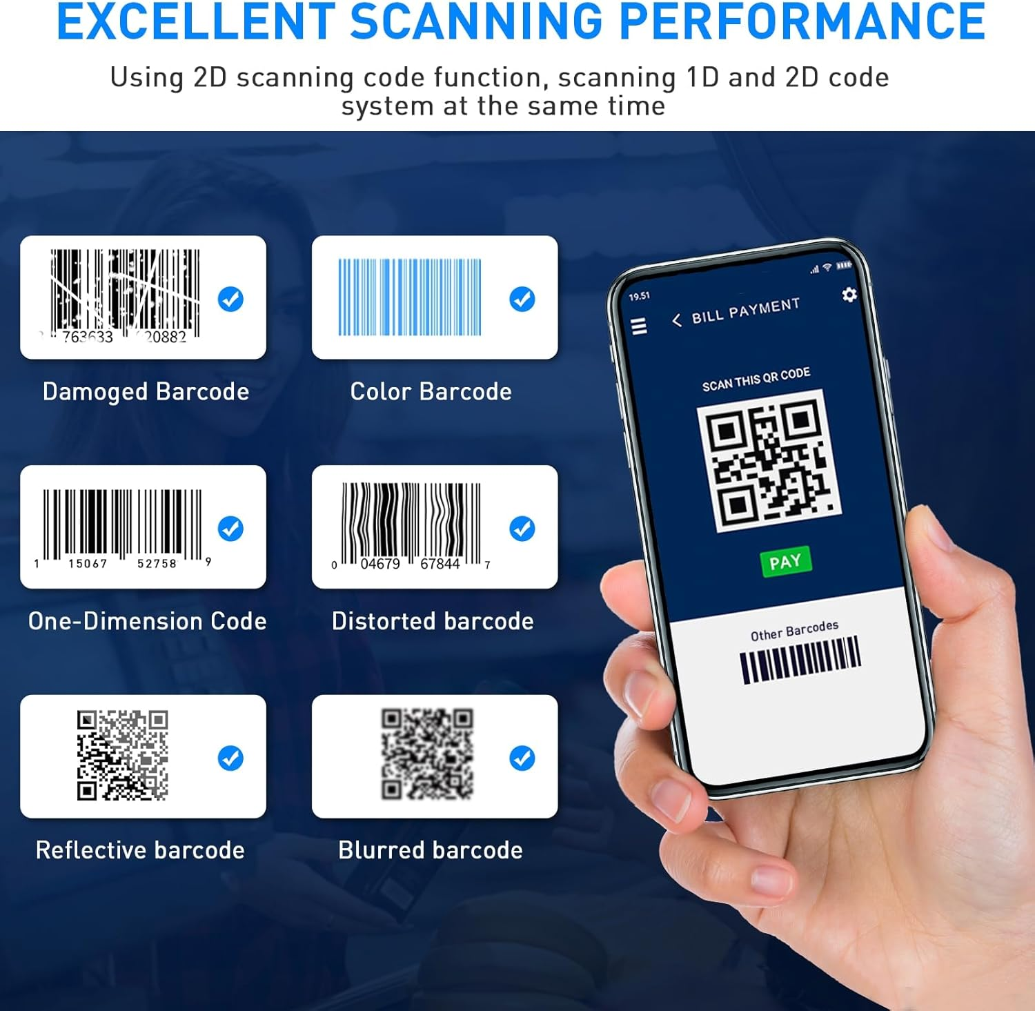Das Bild zeigt verschiedene Barcode-Typen, ein Telefon, das einen QR-Code für die Rechnungszahlung scannt, und Text, der eine hervorragende Scanleistung angibt.