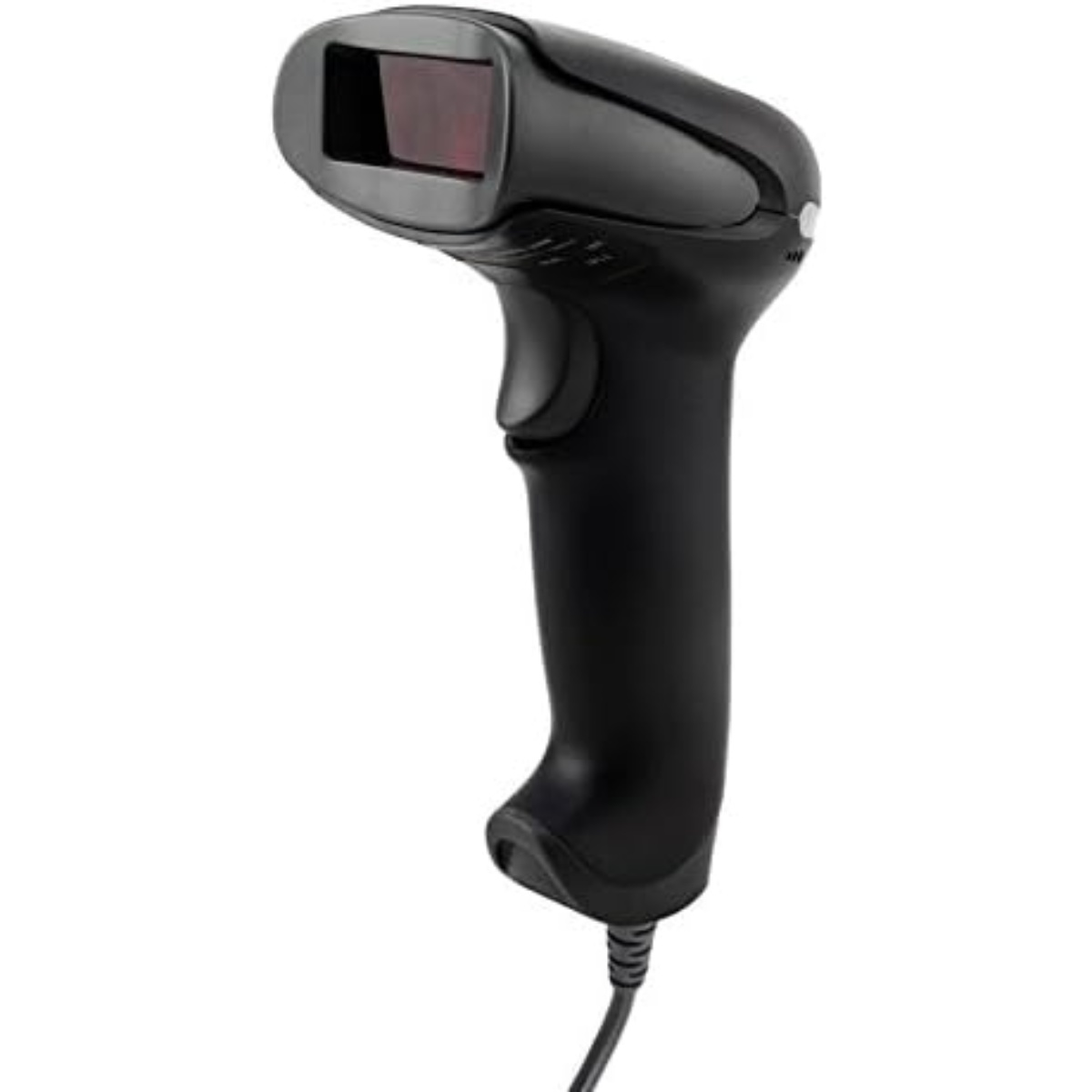 Ein schwarzer Barcode-Scanner wird vor weißem Hintergrund dargestellt. Der Scanner hat einen Auslöser, ein rotes Lichtfenster und ein Kabel.