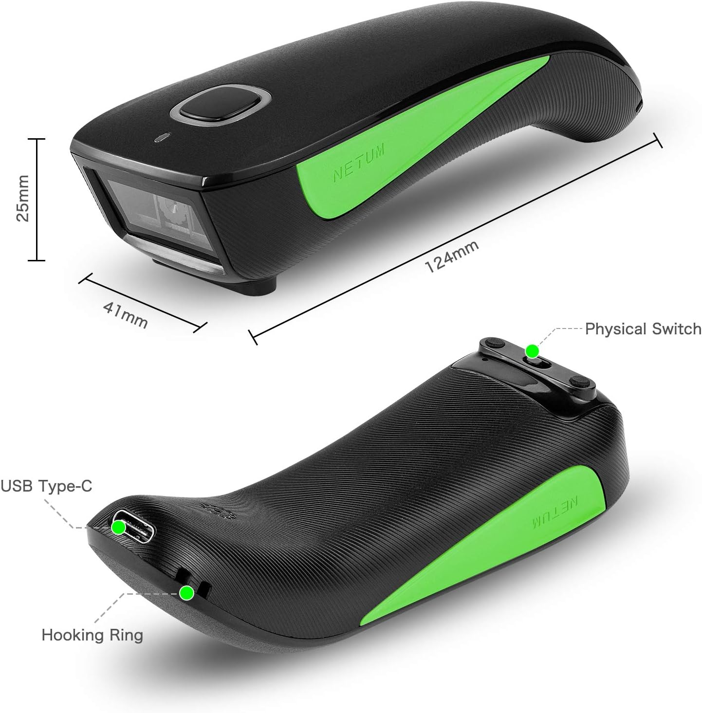 Ein schwarz-grüner Barcodescanner mit Maßangaben. Enthält einen USB-Anschluss, einen Hakenring und einen physischen Schalter. Die Marke ist NETUM.