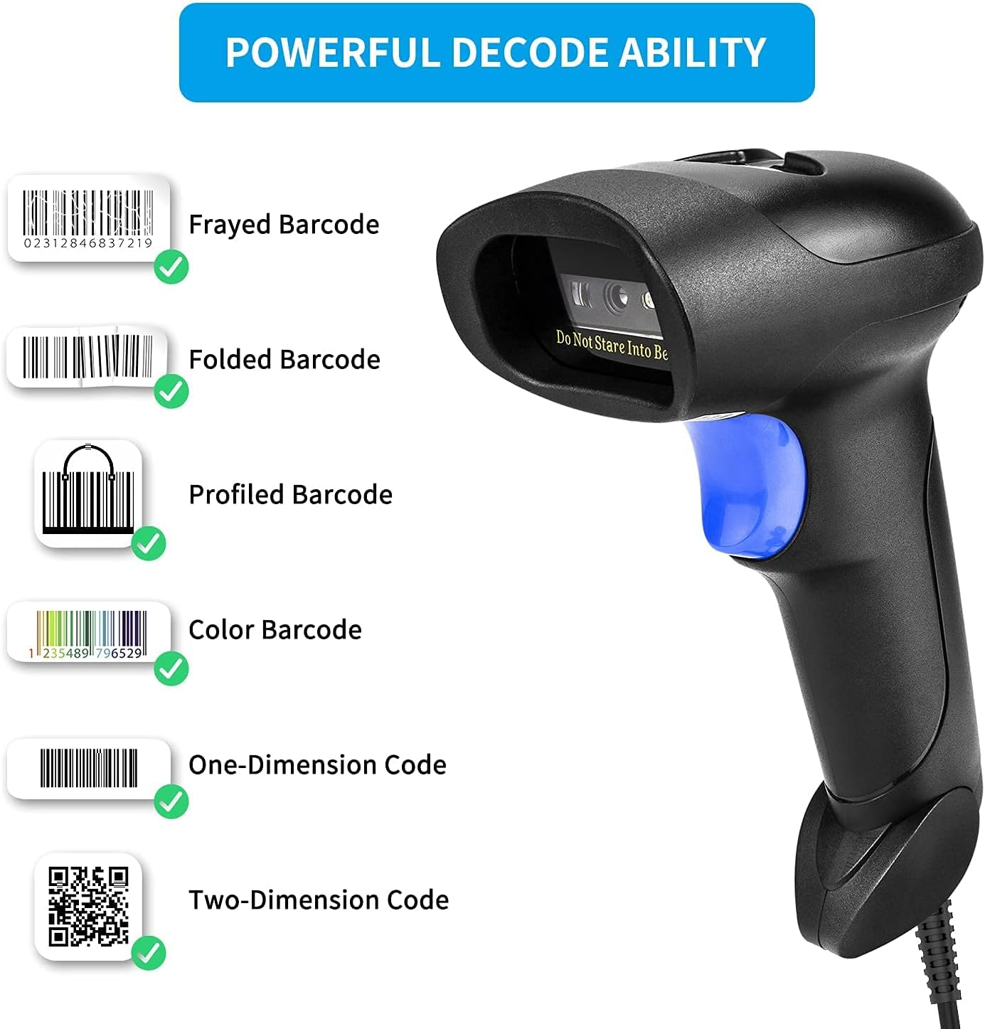 Ein schwarzer Barcode-Scanner mit blauem Knopf, der verschiedene Barcode-Typen und den Text 'POWERFUL DECODE ABILITY' zeigt.