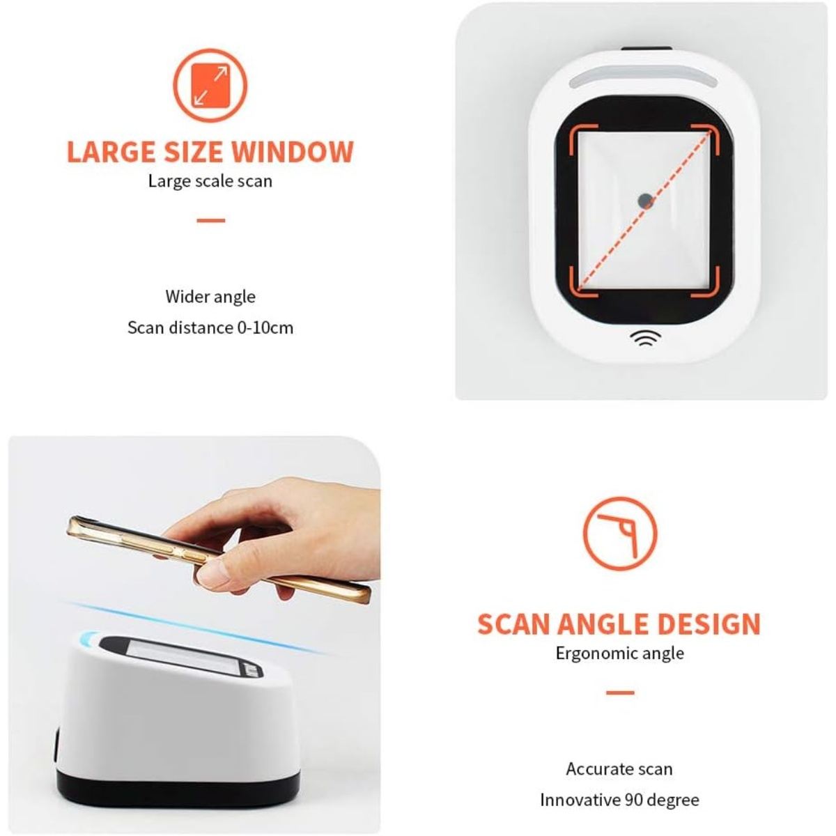Das Bild zeigt einen Scanner, der ein Telefon scannt. Text hebt die Merkmale "Large Size Window" und "Scan Angle Design" hervor.