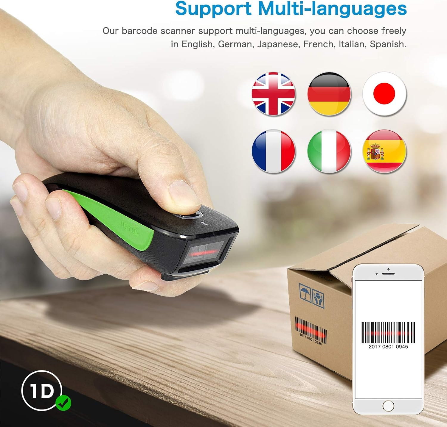 Eine Hand hält einen Barcode-Scanner. Flaggen verschiedener Länder werden angezeigt. Ein Telefon zeigt einen Barcode auf einer Box.