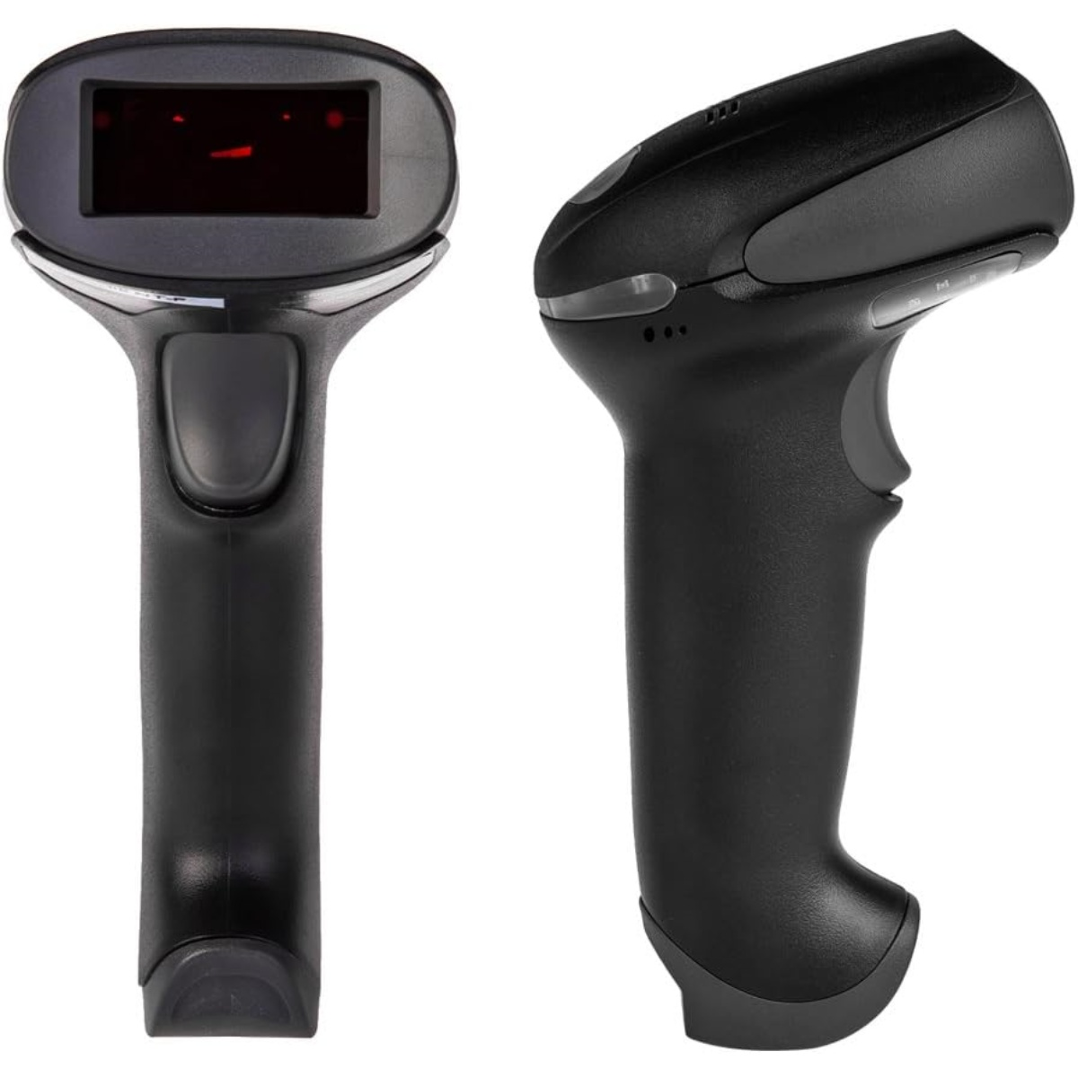 Zwei schwarze Barcode-Scanner. Einer zeigt die Vorderseite, der andere die Seite. Beide haben einen Griff und einen Auslöser.