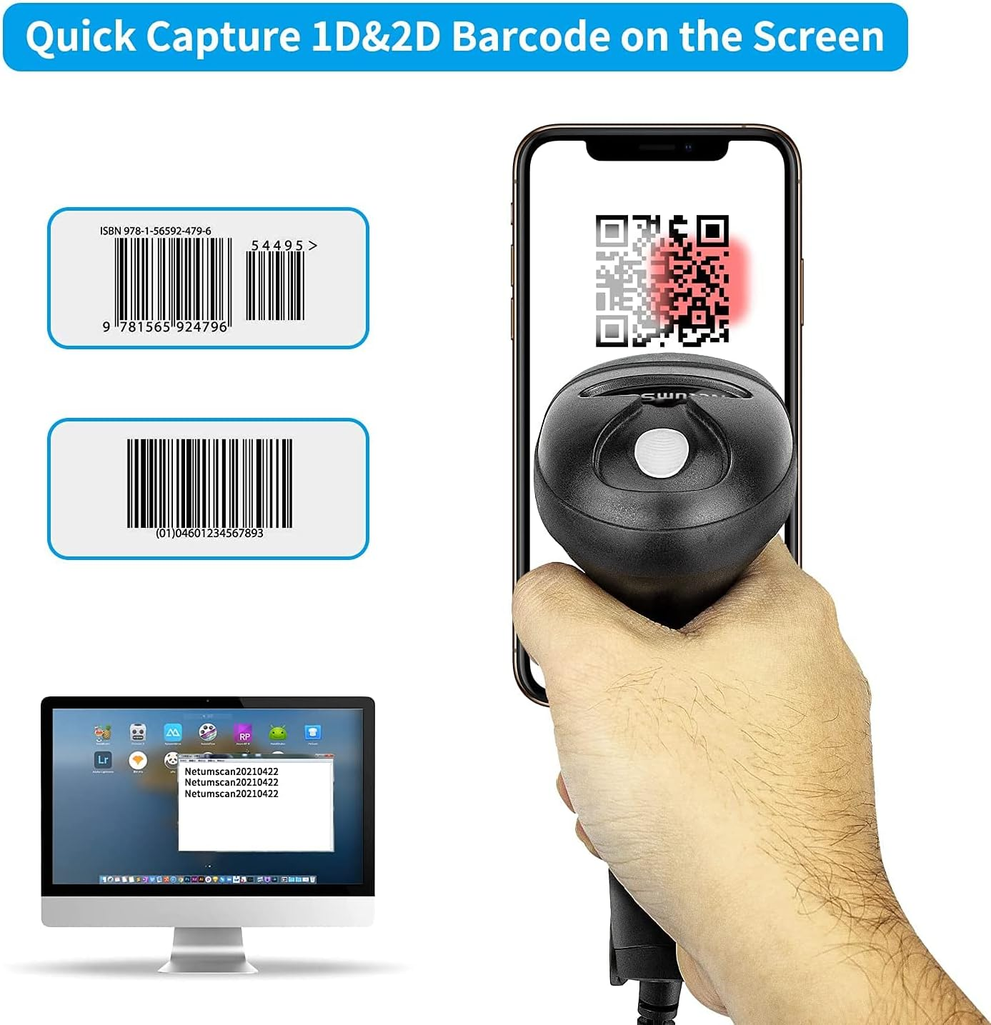 Eine Hand hält einen Barcodescanner auf einen Handybildschirm mit QR-Code. Darunter Barcodes und ein Computerbildschirm sichtbar.