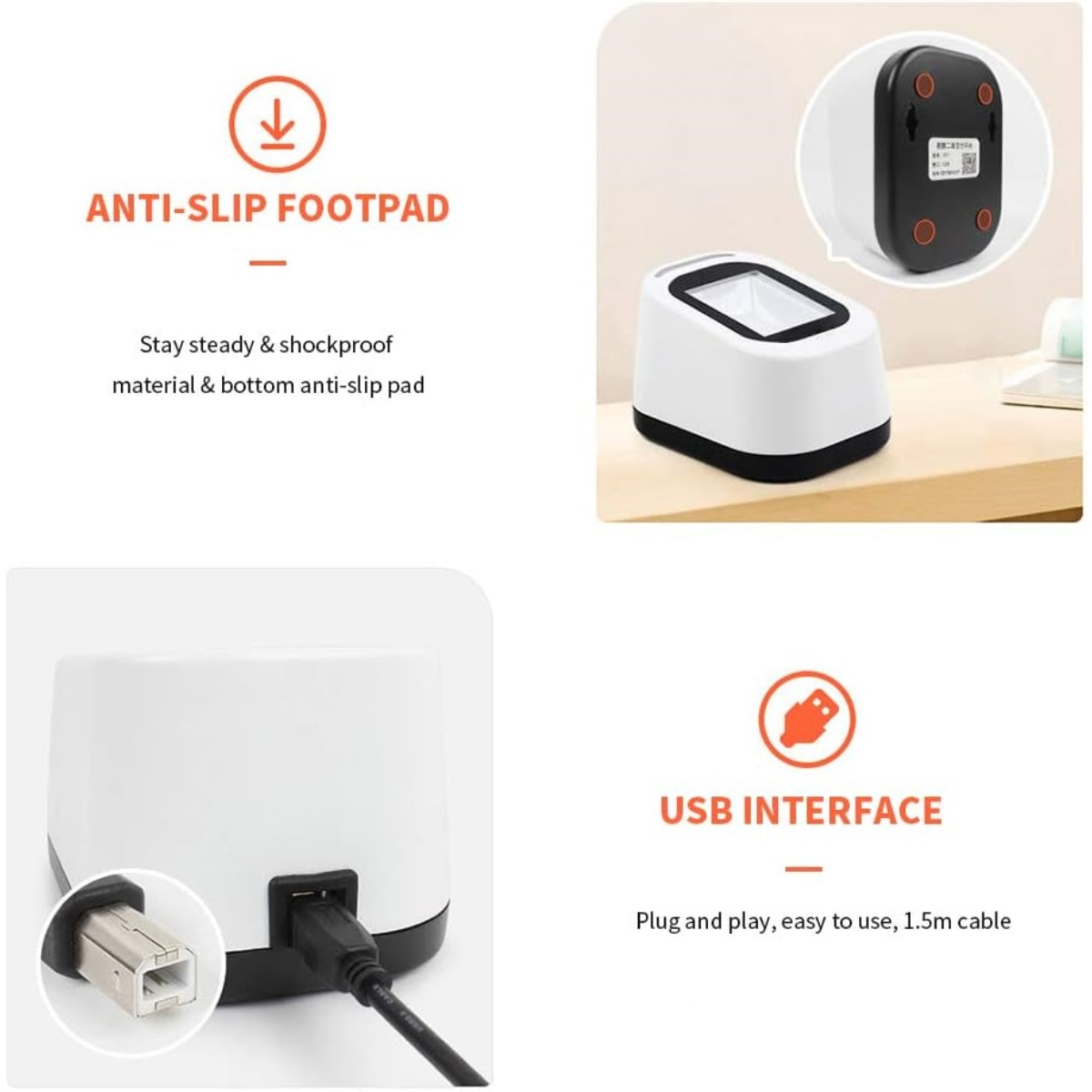 Ein weißer Barcodescanner mit schwarzer Basis und Details. USB-Schnittstelle gezeigt. Anti-Rutsch-Fuß. Text: Plug and Play, einfach zu bedienen, 1,5 m Kabel.