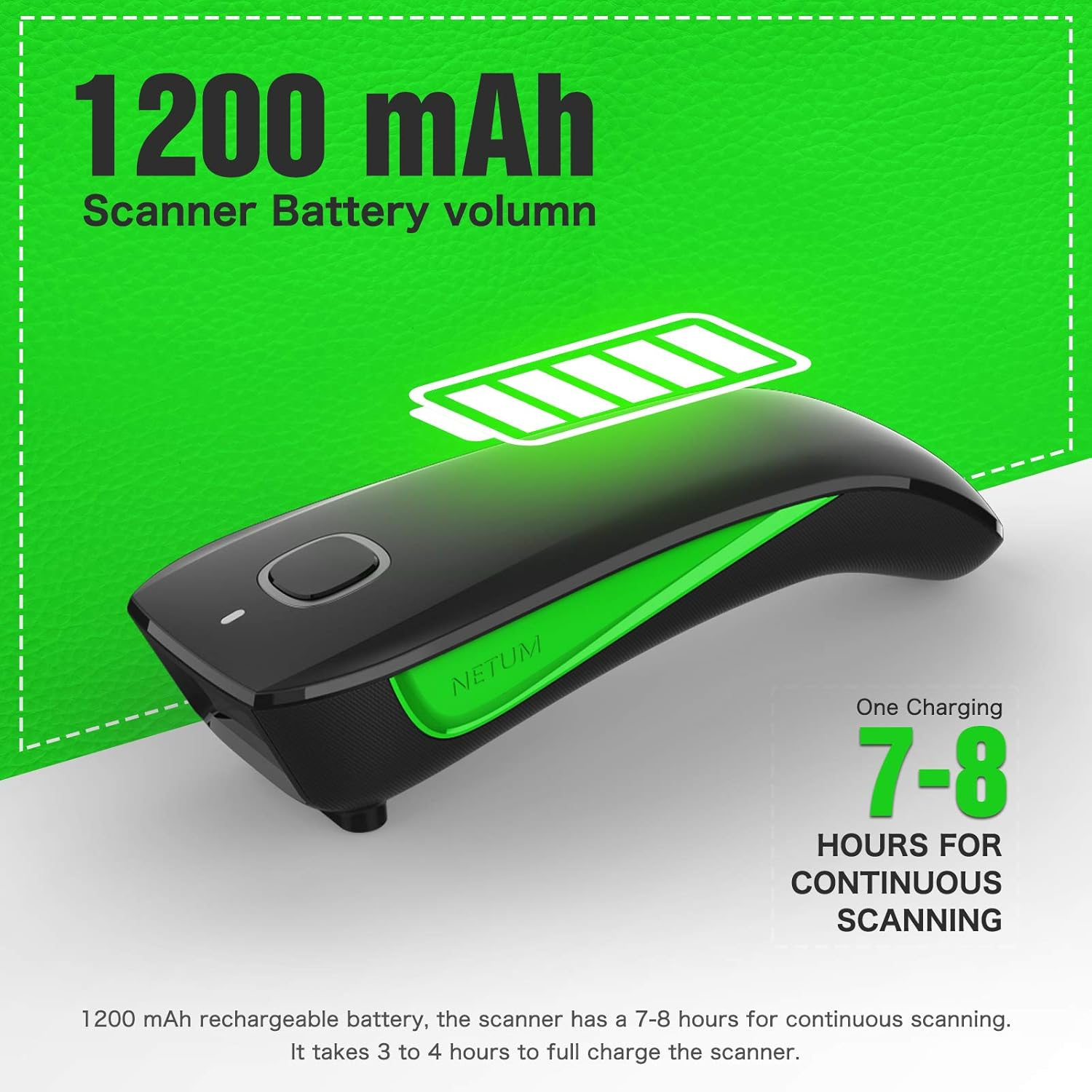 Ein schwarz-grüner Scanner mit Akkusymbol auf grünem Hintergrund. Text: 1200 mAh Akku, 7-8 Stunden Betrieb.