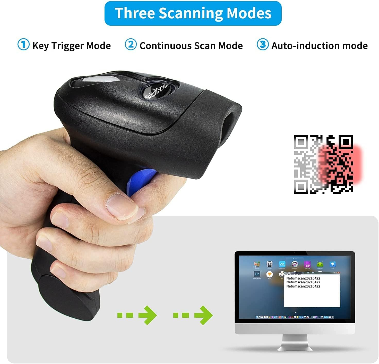 Eine Hand hält einen schwarzen Barcodescanner. Ein QR-Code wird gescannt. Ein Computerbildschirm zeigt Daten an.