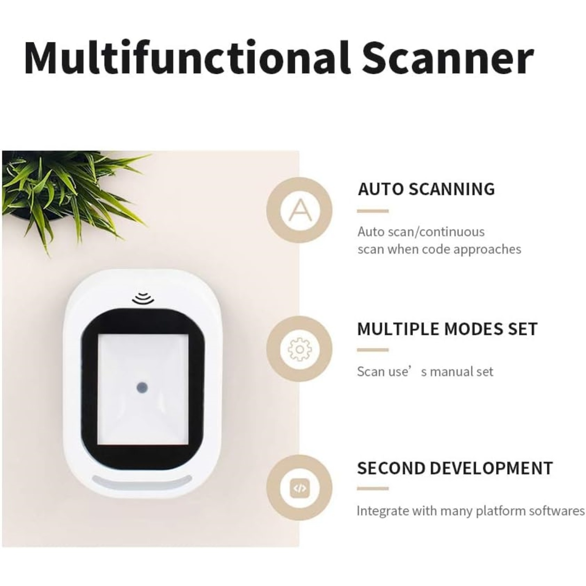 Das Bild zeigt einen weißen Scanner mit einem schwarzen Quadrat, Textdetails 'Auto-Scanning', 'Mehrere Modi' und 'Zweite Entwicklung'.