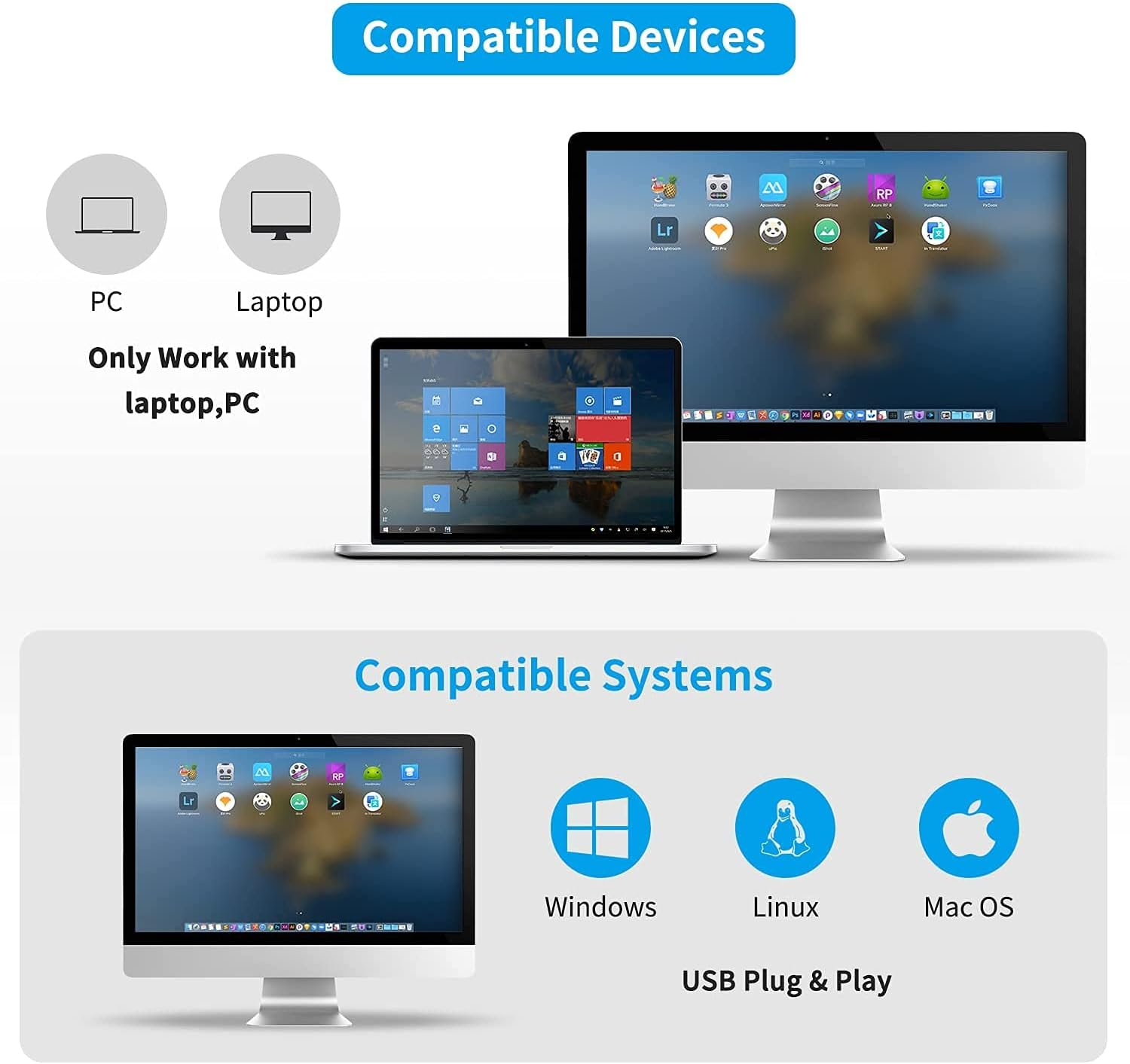 Bild zeigt kompatible Geräte und Systeme. Enthält einen PC, Laptop und Symbole für Windows, Linux und Mac OS, USB Plug & Play.