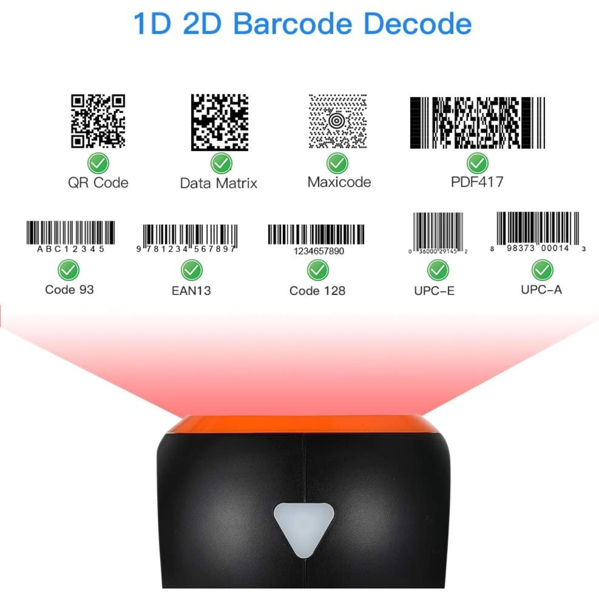 Das Bild zeigt verschiedene Barcode-Typen über einem Scanner. Der Scanner emittiert rotes Licht. Texte umfassen QR-Code, Data Matrix und andere.