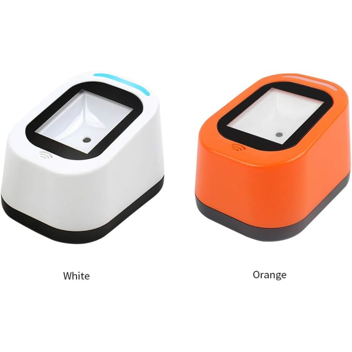 Zwei Barcode-Scanner, einer weiß, einer orange. Beide haben schwarze Ober- und Unterteile, ein Scanfenster und einen kleinen Kreis.