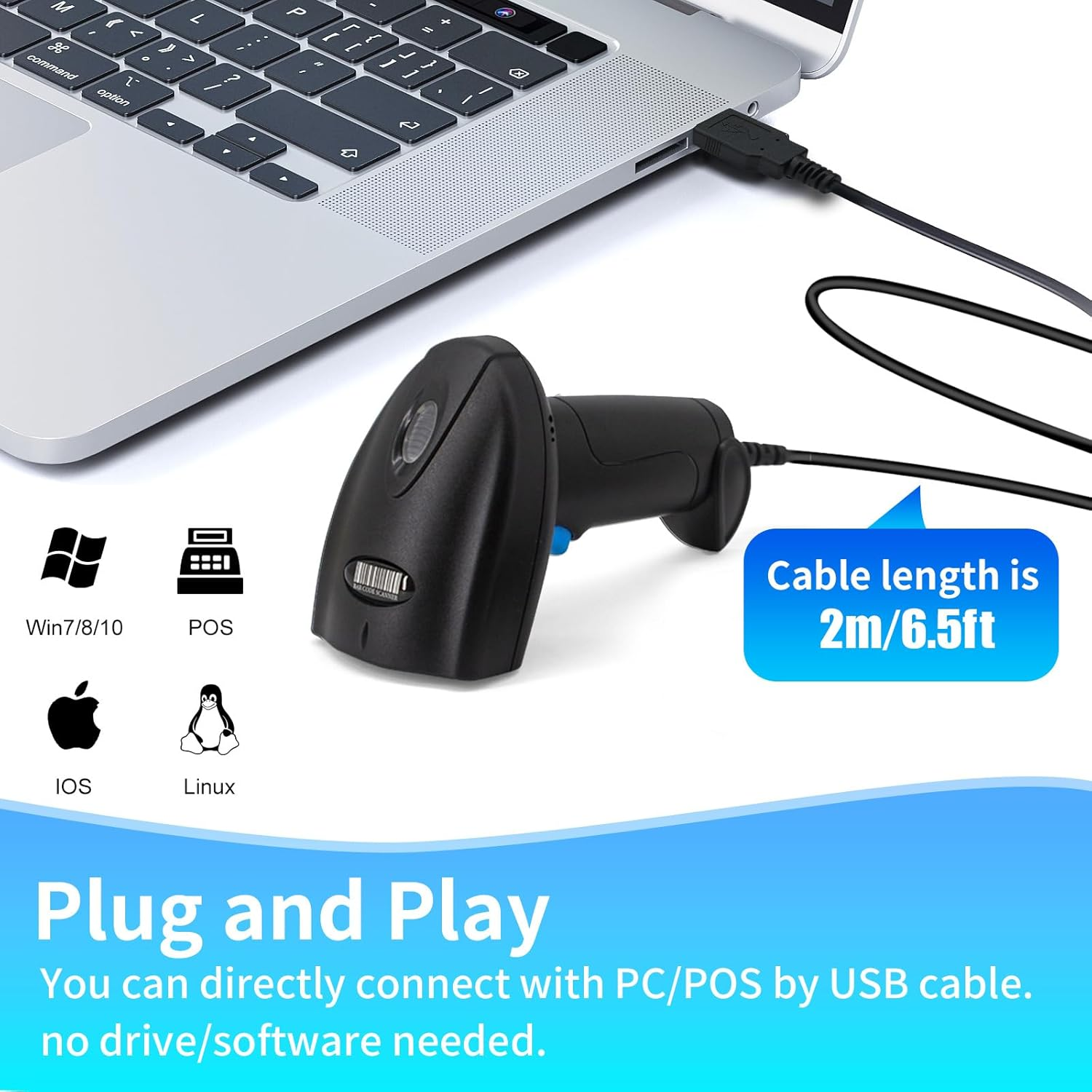 Ein Barcode-Scanner, der über USB mit einem Laptop verbunden ist. Symbole für Win, POS, iOS und Linux. Text: Plug and Play, Kabellänge 2m/6,5ft.