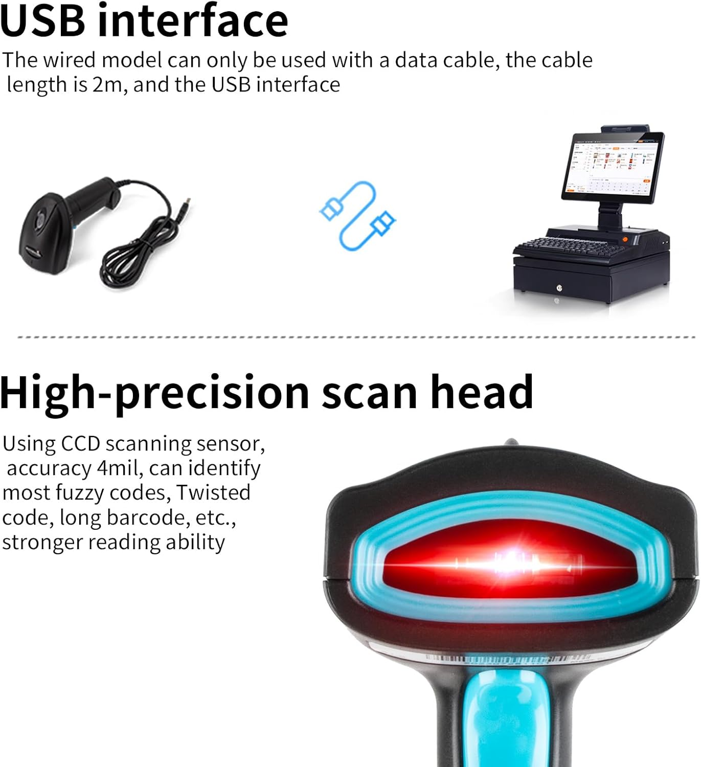 Das Bild zeigt einen Barcodescanner, eine Registrierkasse und Text, der die USB-Schnittstelle und den hochpräzisen Scankopf beschreibt.