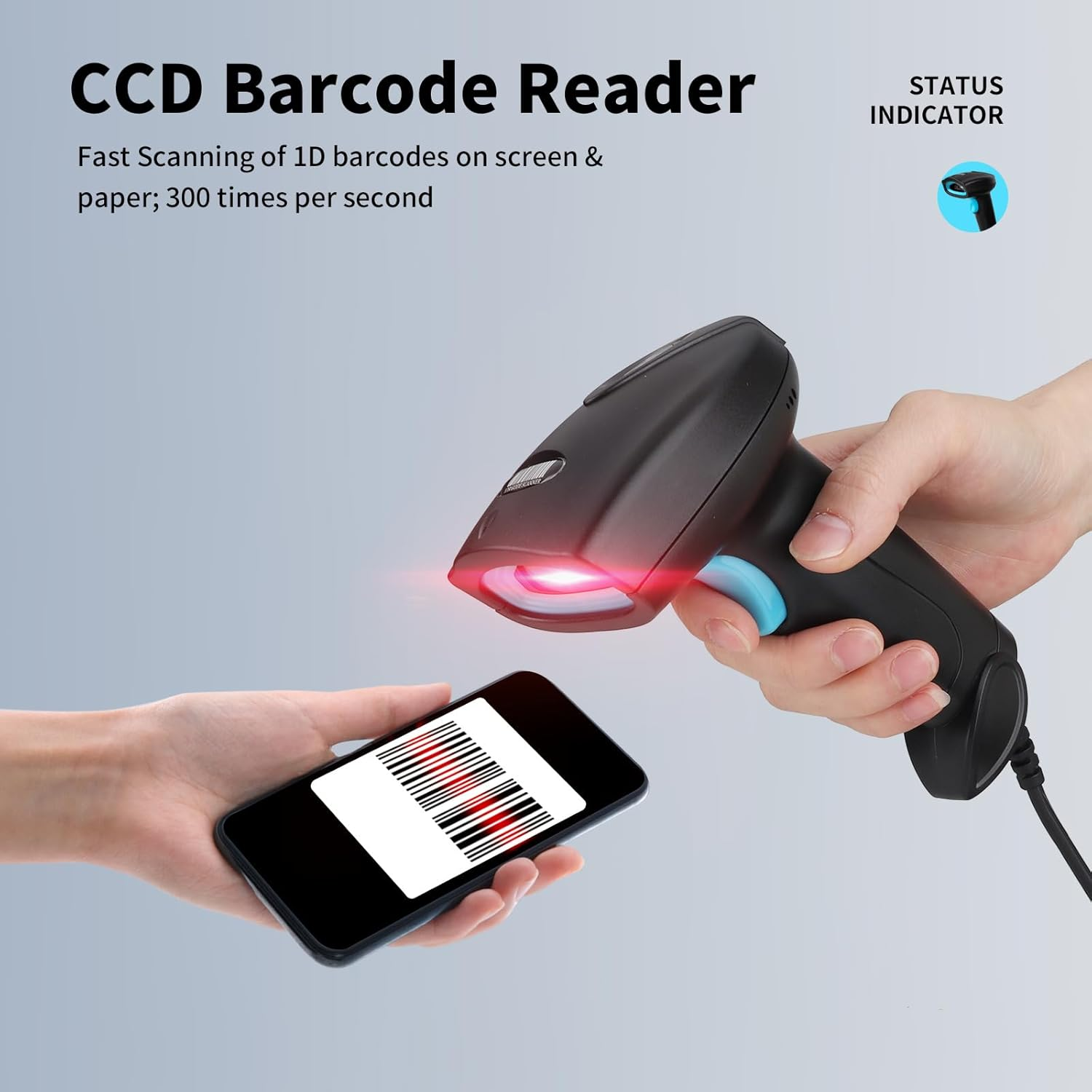 Ein Barcode-Scanner zeigt auf ein Telefon, das einen Barcode anzeigt. Der Scanner hat ein rotes Licht und wird von einer Hand gehalten.