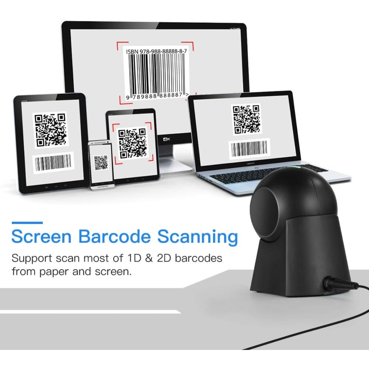 Ein schwarzer Barcodescanner neben Geräten mit Barcodes. Ein Monitor, Tablet, Telefon und Laptop zeigen QR-Codes.