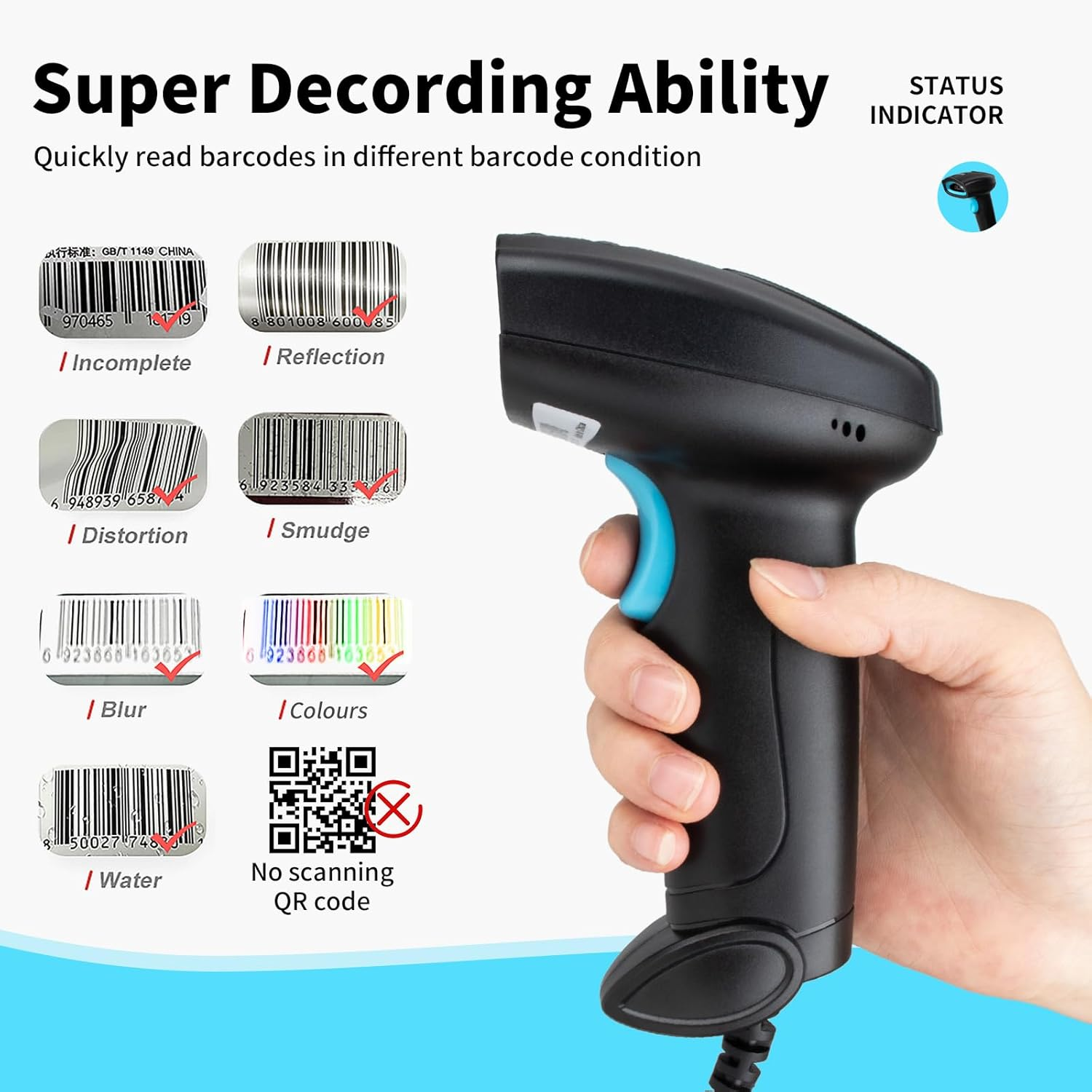 Eine Hand hält einen schwarzen Barcodescanner, der seine Fähigkeit demonstriert, verschiedene Barcode-Bedingungen zu lesen.