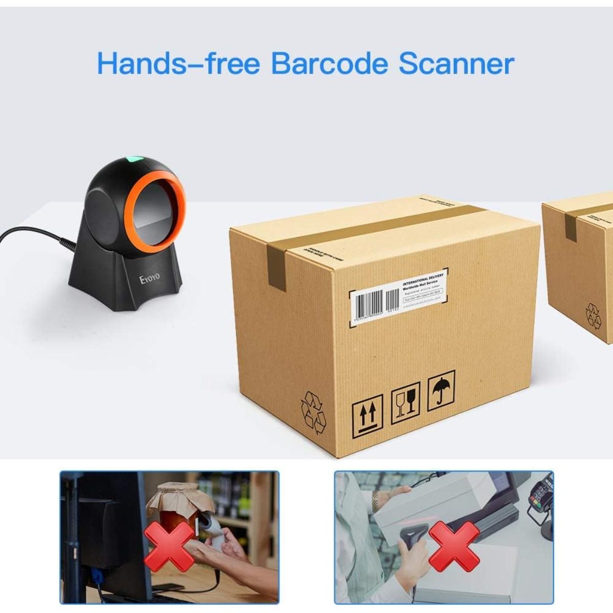 Freihändiger Barcodescanner mit schwarzer Basis und orangefarbenem Ring, zwei Kartons und zwei Bildern mit roten 'X'.