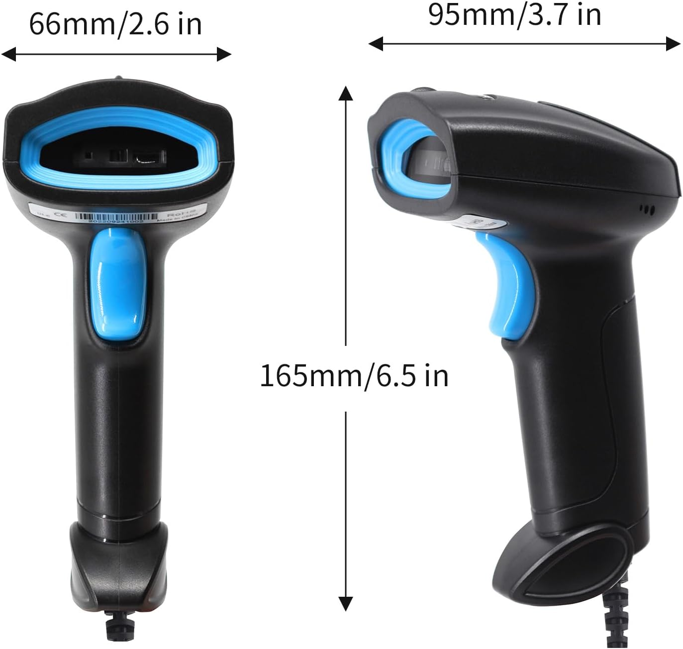 Zwei schwarze Barcode-Scanner mit blauen Akzenten, die Abmessungen zeigen. Einer zeigt nach oben, der andere in einem Winkel, beide mit einem Auslöser.