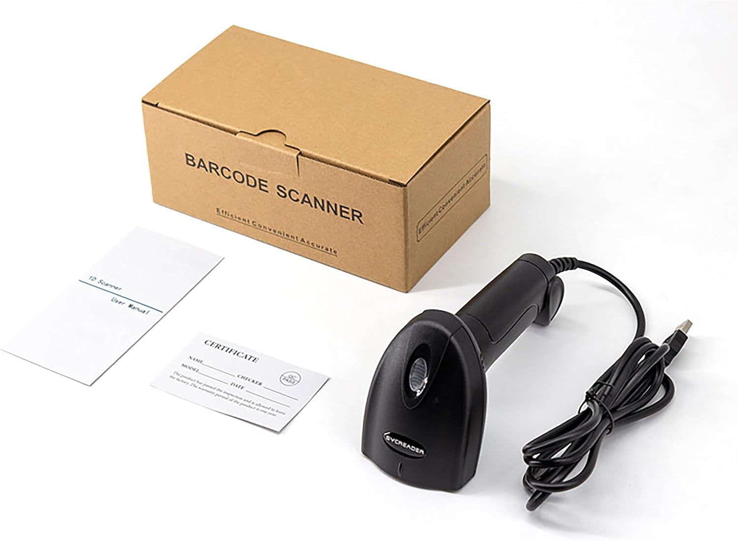 Ein Barcode-Scanner-Kit mit Scanner, Karton und Dokumenten. Der schwarze Scanner ist mit einem USB-Kabel verbunden. Die Box ist braun.