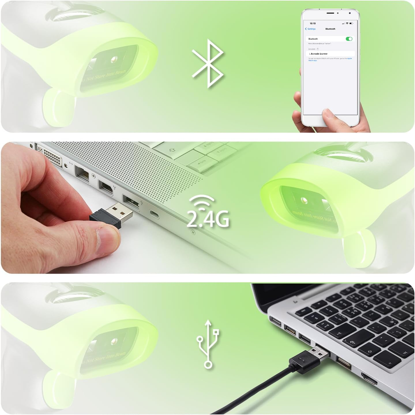 Das Bild zeigt einen Barcodescanner, der über USB mit einem Laptop, über Bluetooth mit einem Telefon und über eine 2,4G-Verbindung mit einem Laptop verbunden ist.