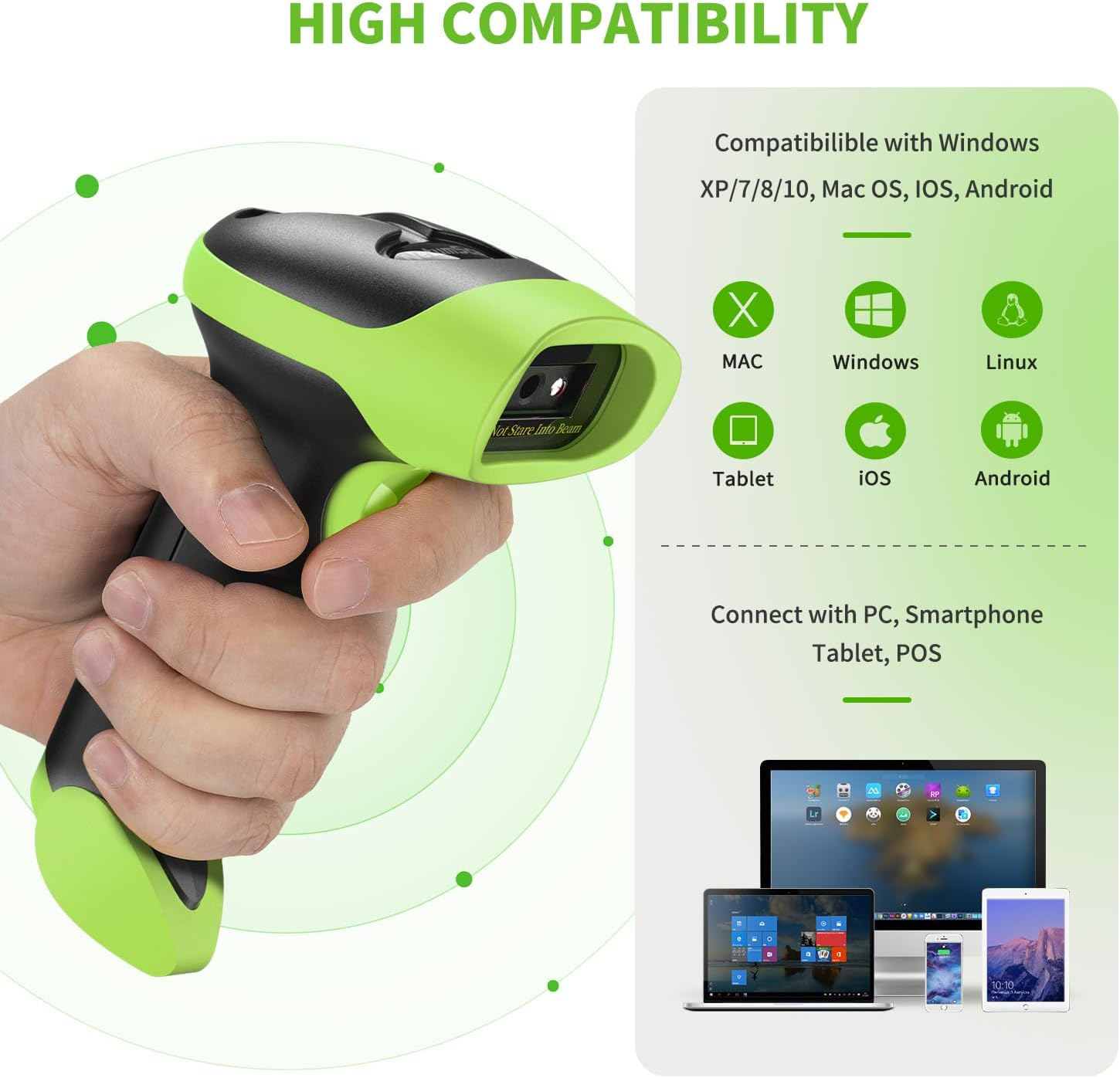 Hand hält einen grün-schwarzen Barcodescanner. Text: Hohe Kompatibilität, kompatibel mit Windows, Mac, iOS, Android und anderen Geräten.