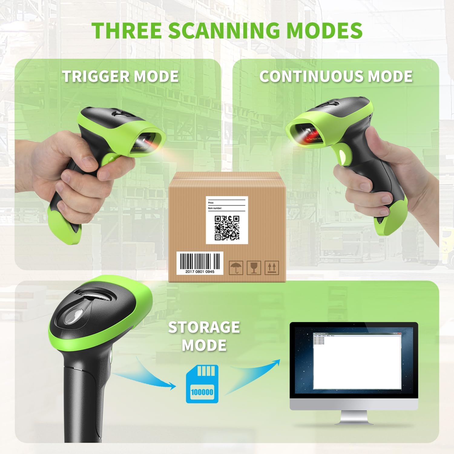 Das Bild zeigt drei Scanmodi: Trigger, Continuous und Storage. Scanner sind mit einer Box, einer Speicherkarte und einem Monitor dargestellt.