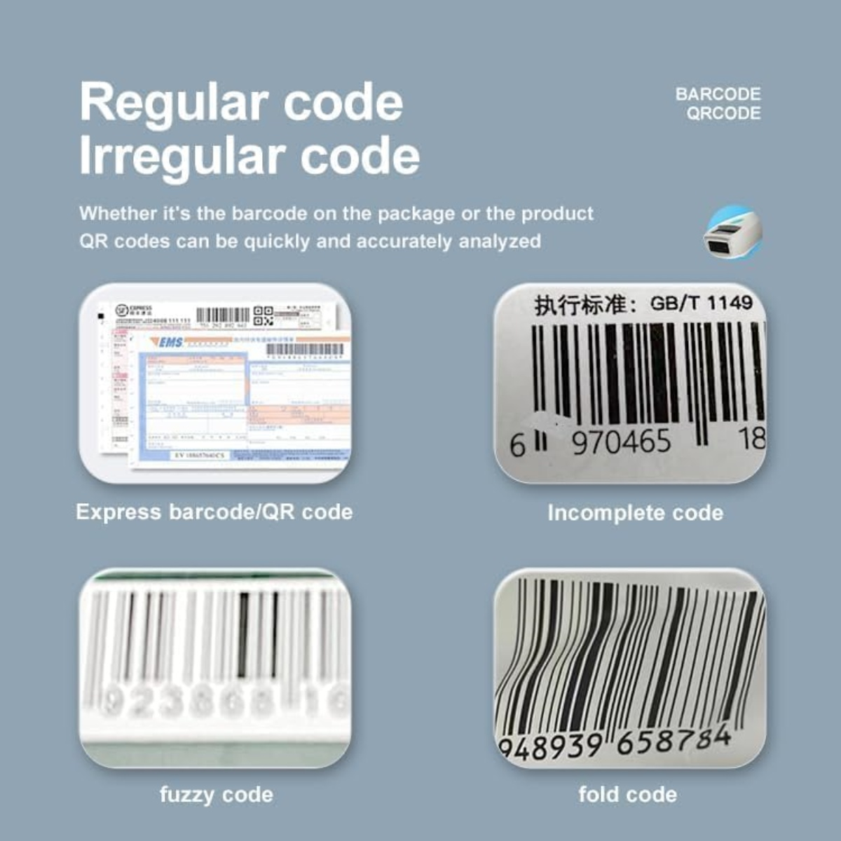 Das Bild zeigt verschiedene Barcode-Typen: Express-, unvollständige, unscharfe und Faltcodes. Text erklärt Unterschiede zwischen regulären und unregelmäßigen Codes.