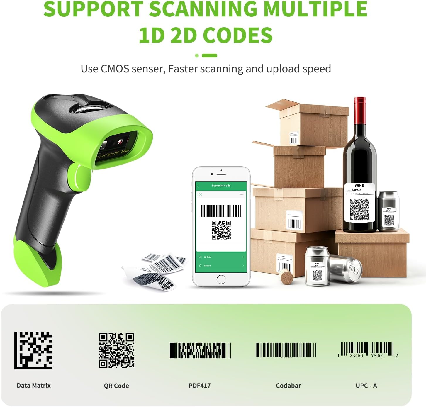 Ein Barcodescanner scannt einen QR-Code auf einem Telefon. Kartons und Weinflaschen befinden sich im Hintergrund. Verschiedene Barcodetypen werden angezeigt.