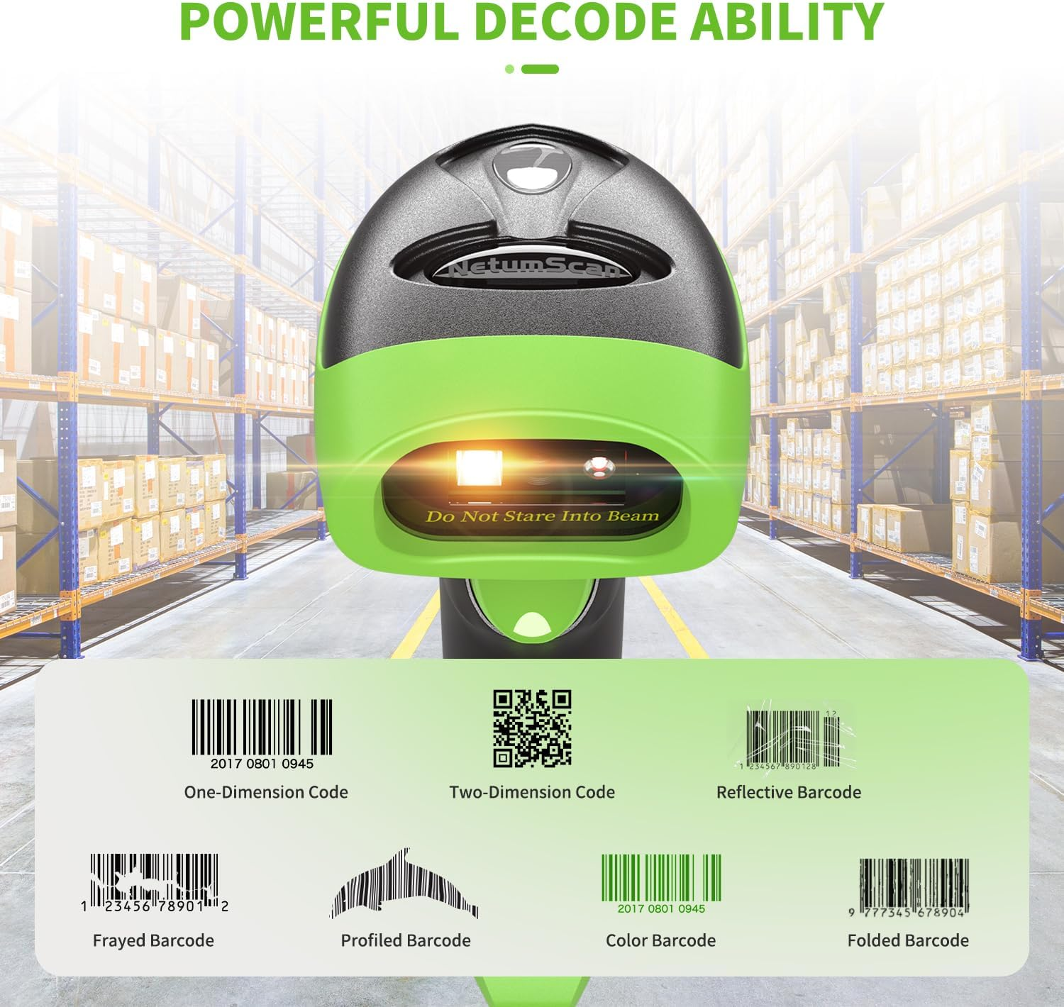 Ein grün-schwarzer Scanner mit dem Text 'Do Not Stare Into Beam'. Darunter Barcode-Beispiele. Hintergrund zeigt Lagerregale.
