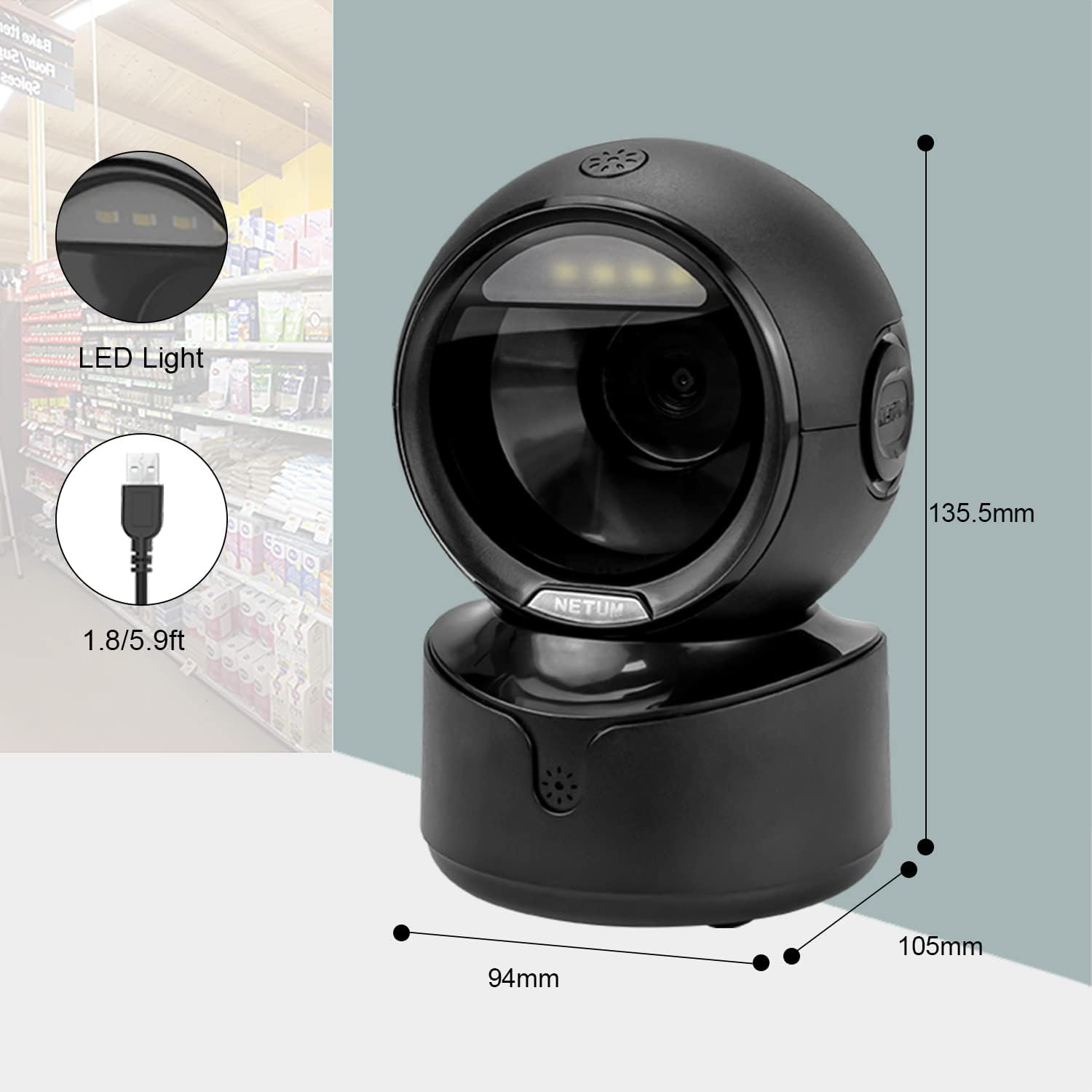 Ein schwarzer Barcode-Scanner mit Maßangaben. LED-Licht und USB-Kabel sind ebenfalls abgebildet. Der Hintergrund zeigt einen Lebensmittelladen.
