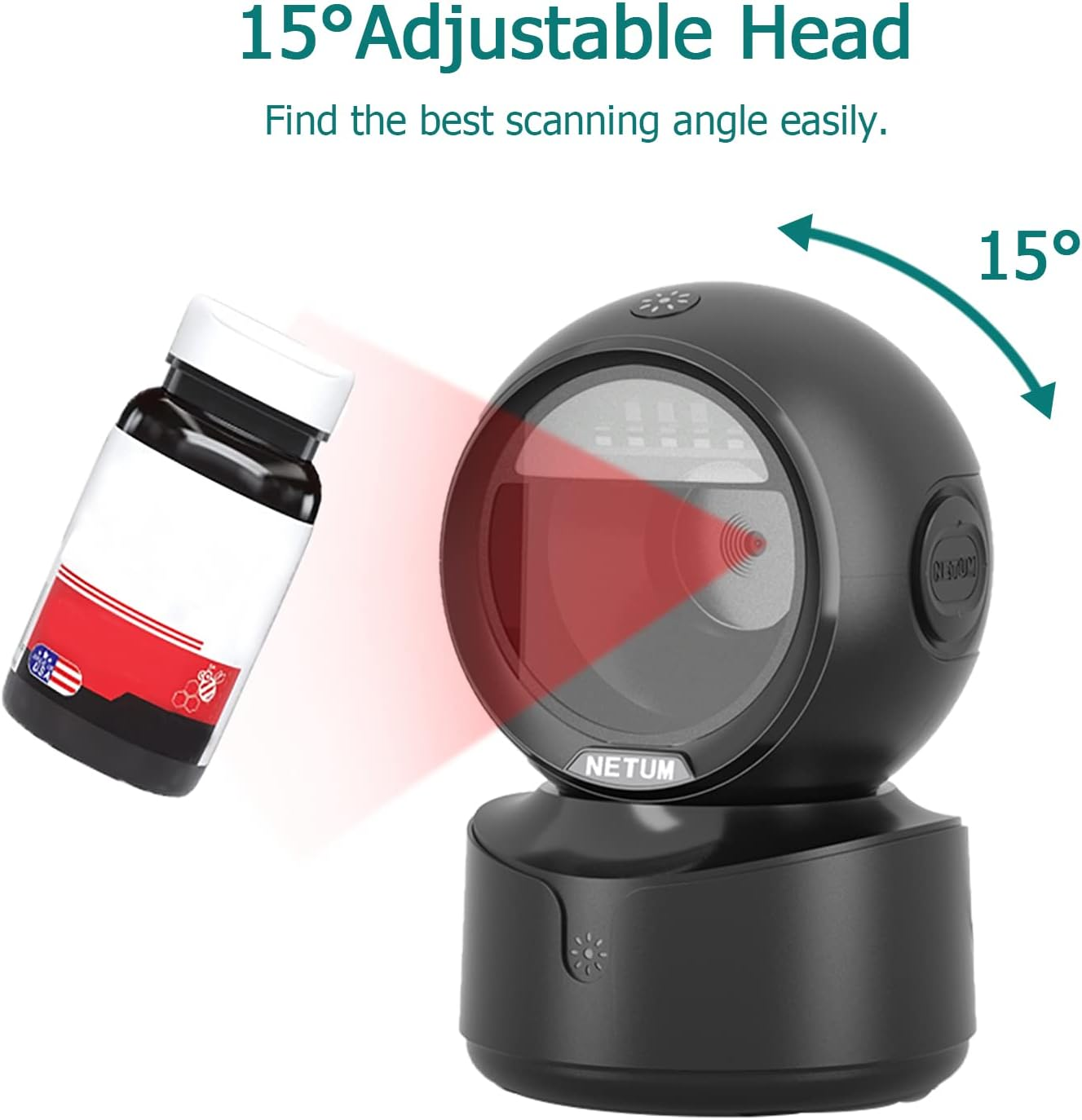 Ein schwarzer Barcodescanner mit einem um 15 Grad verstellbaren Kopf. Links eine Flasche mit Etiketten. Text: 15° Adjustable Head.